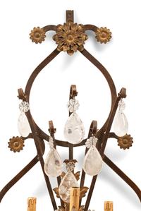 A Pair of Spanish Iron and Rock Crystal Five-Light Sconces