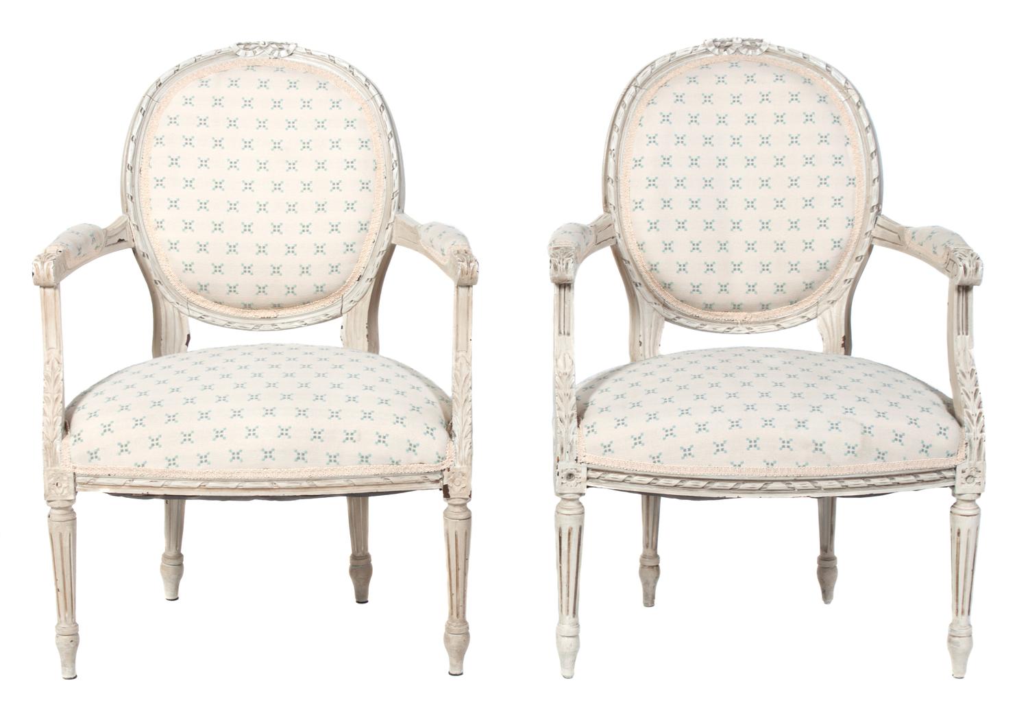 A Pair of Louis XVI Style White Painted Fauteuils Height 35 inches. — 20TH CENTURY