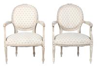 A Pair of Louis XVI Style White Painted Fauteuils Height 35 inches. — 20TH CENTURY