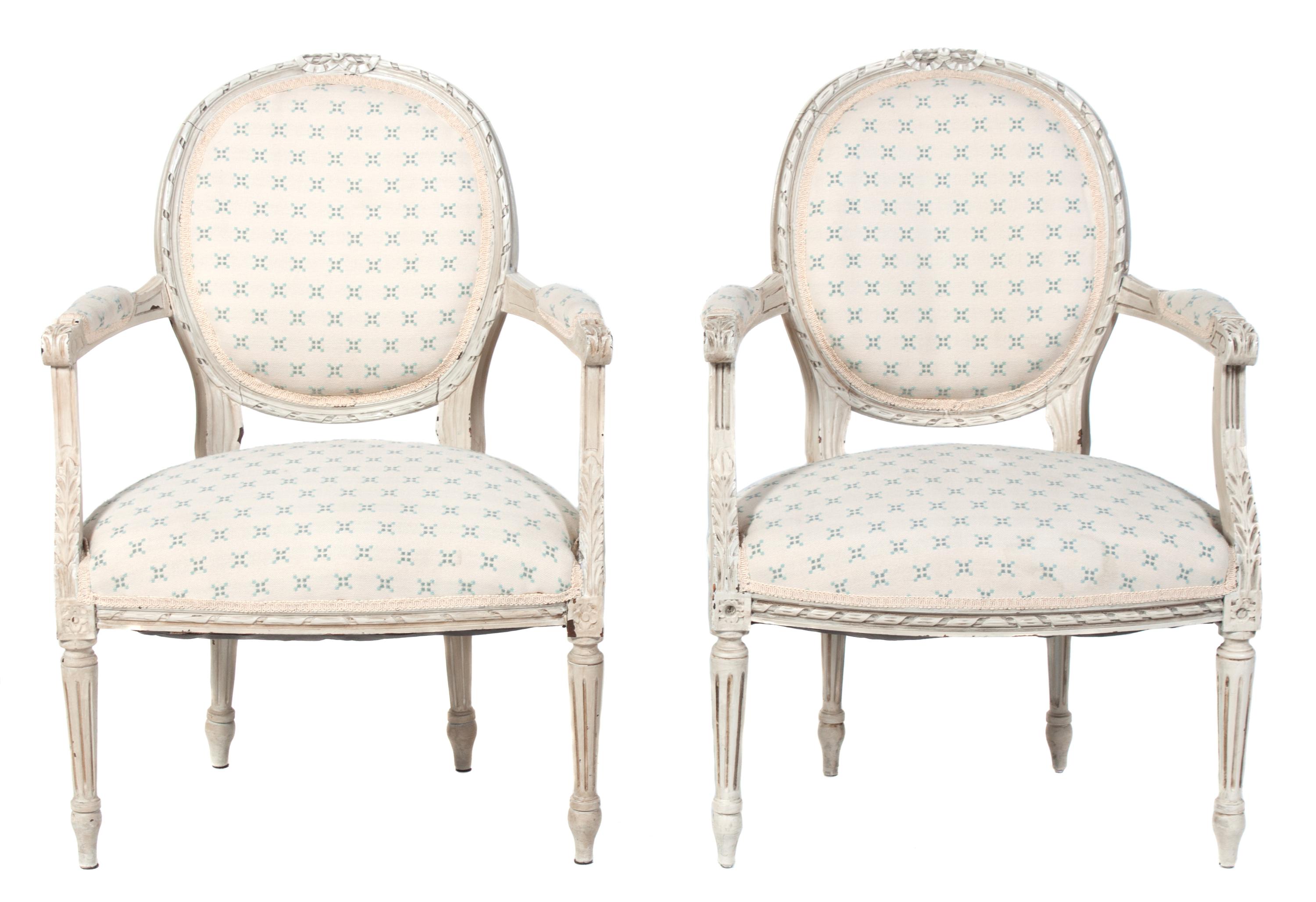 A Pair of Louis XVI Style White Painted Fauteuils Height 35 inches. — 20TH CENTURY