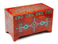 A Continental Turquoise, Brass, Lapis Lazuli and Amber Inlaid Trunk
