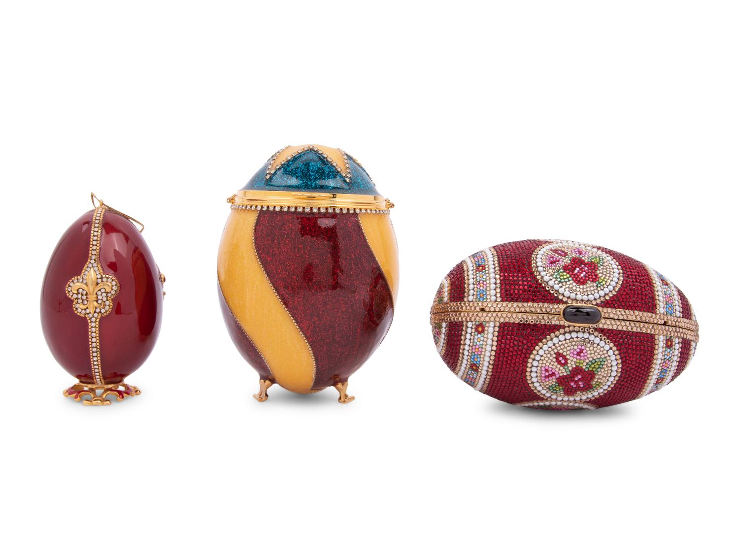 Three Egg Shaped Accessories: One Judith Leiber Fabergé Egg Minaudière, One Vivian Alexander Bag, and One Ornament