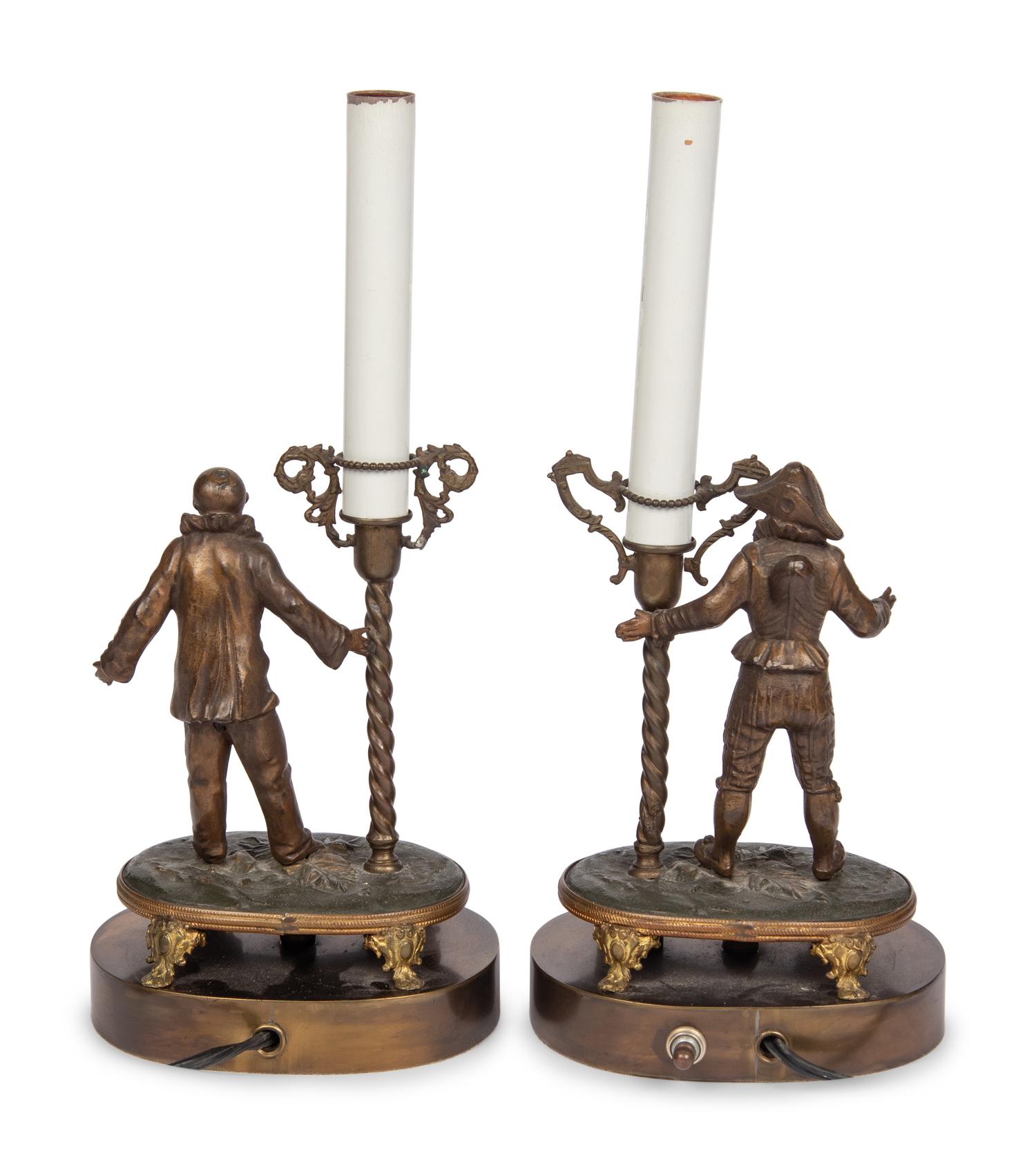 A Pair of Italian Bronze Candlesticks Mounted as Lamps