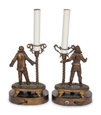 A Pair of Italian Bronze Candlesticks Mounted as Lamps