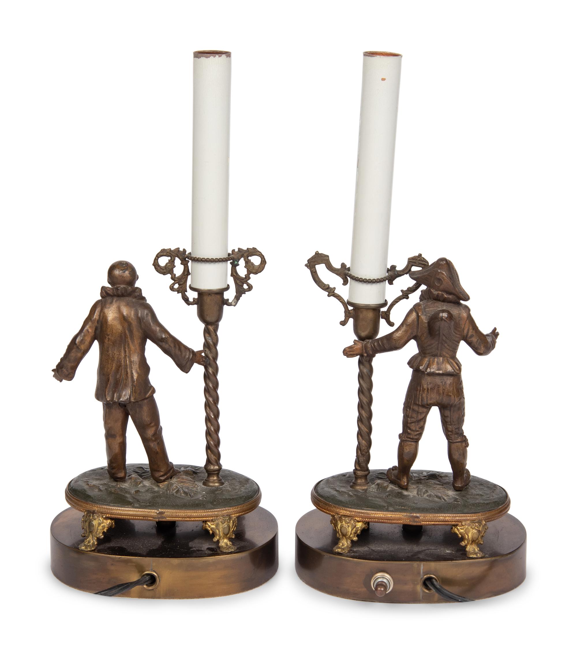 A Pair of Italian Bronze Candlesticks Mounted as Lamps