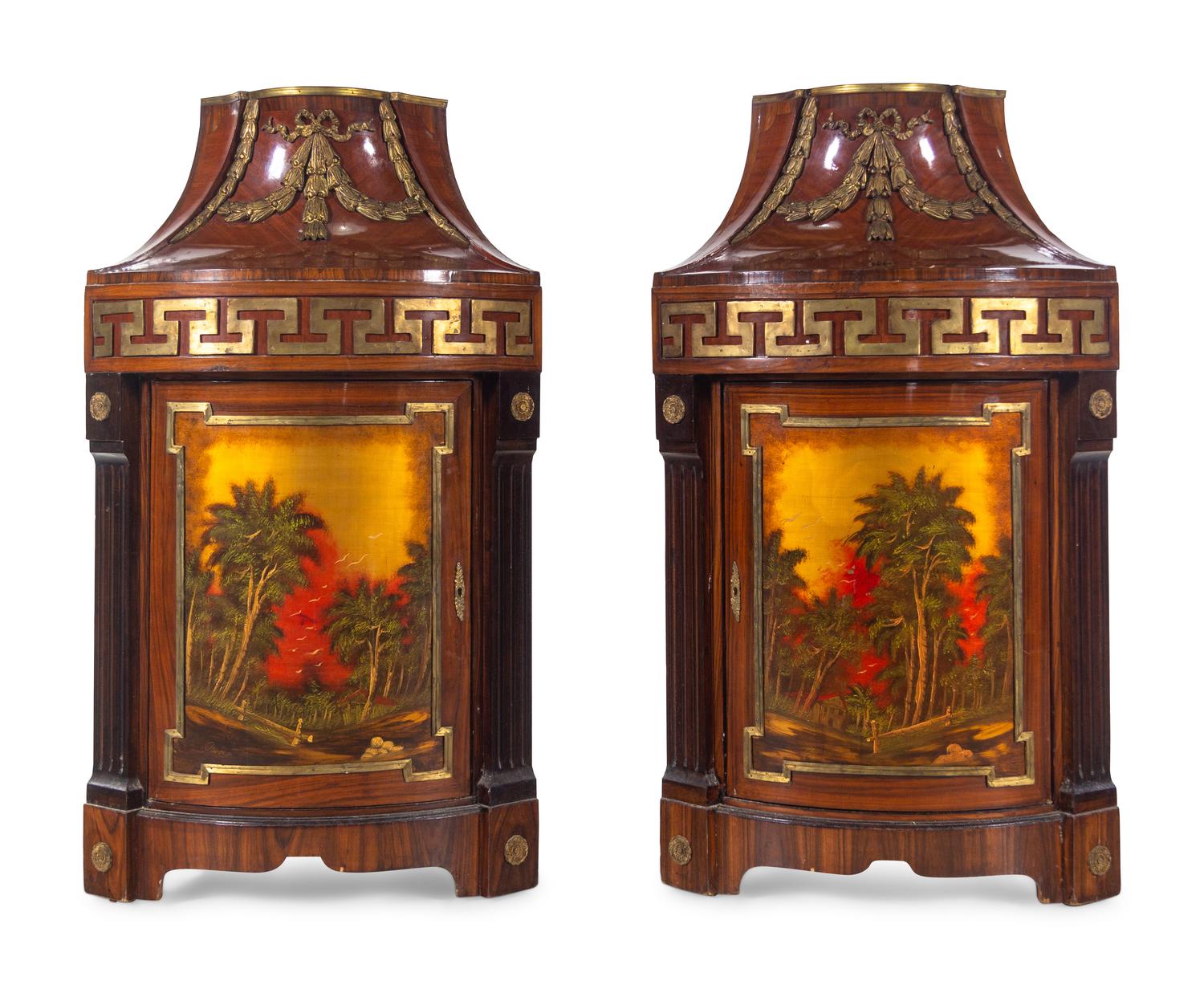 A Pair of Empire Style Ebonized and Vernis Martin Decorated Encoignures
