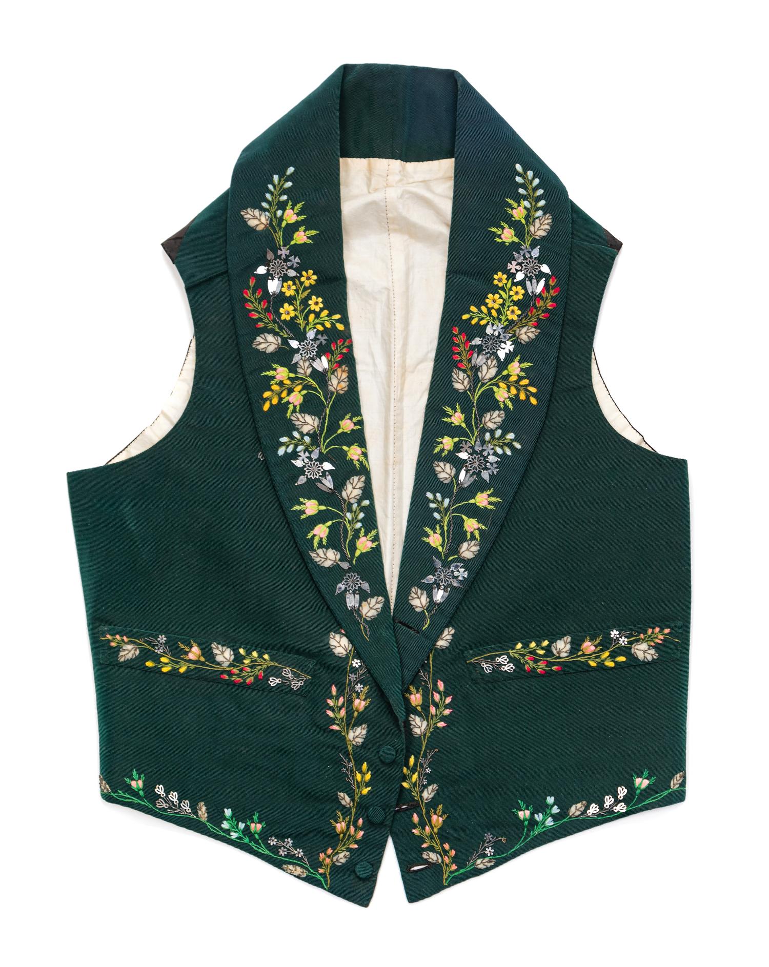 Men's Embroidered Green Ribbed Silk Waistcoat, 1830s