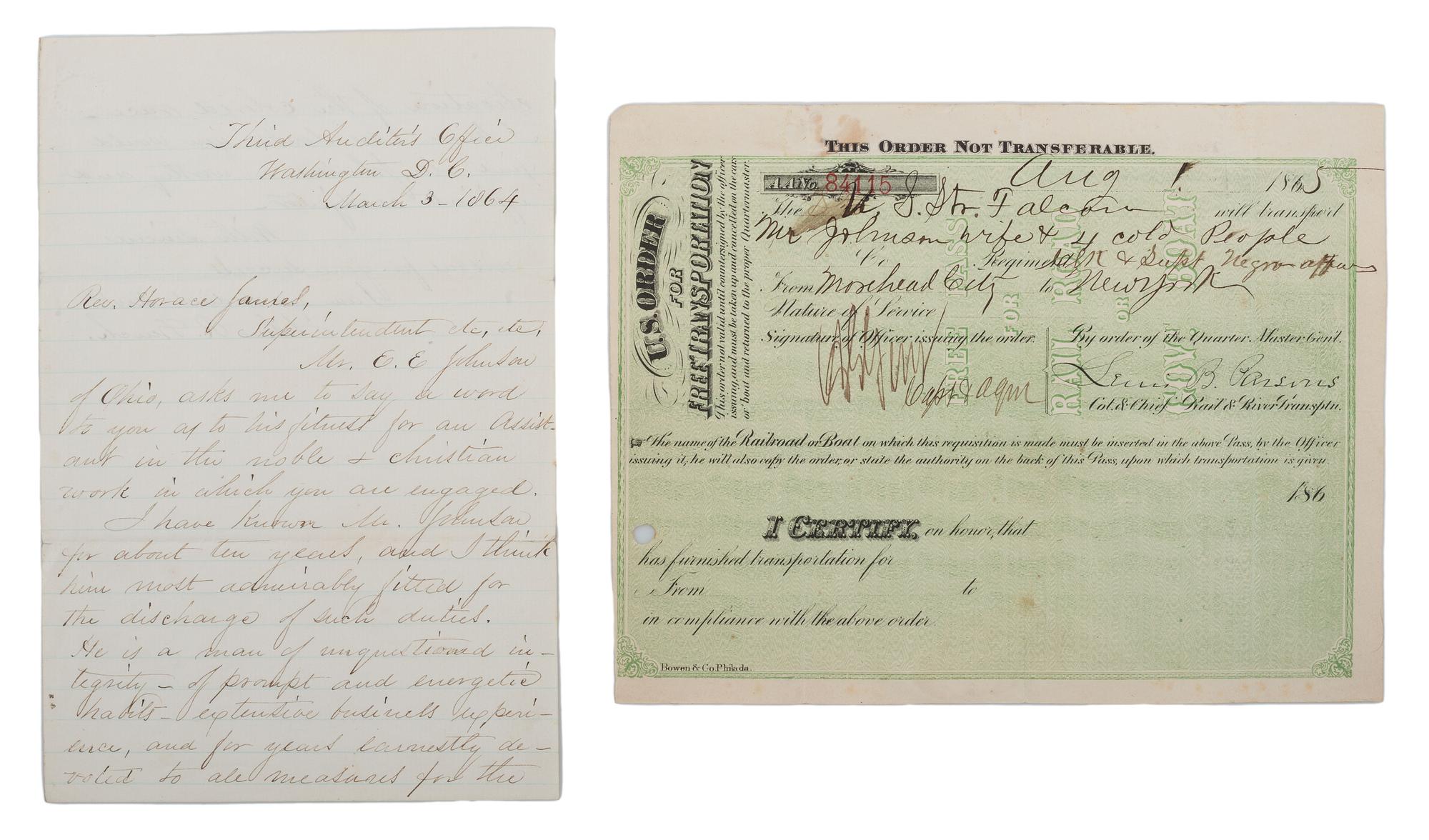 [CIVIL WAR]. A collection of documents related to Mr. Edward E. Johnson (ca 1824- ca 1901), assistant to the Reverend Horace James, Superintendent of Negro Affairs in North Carolina.