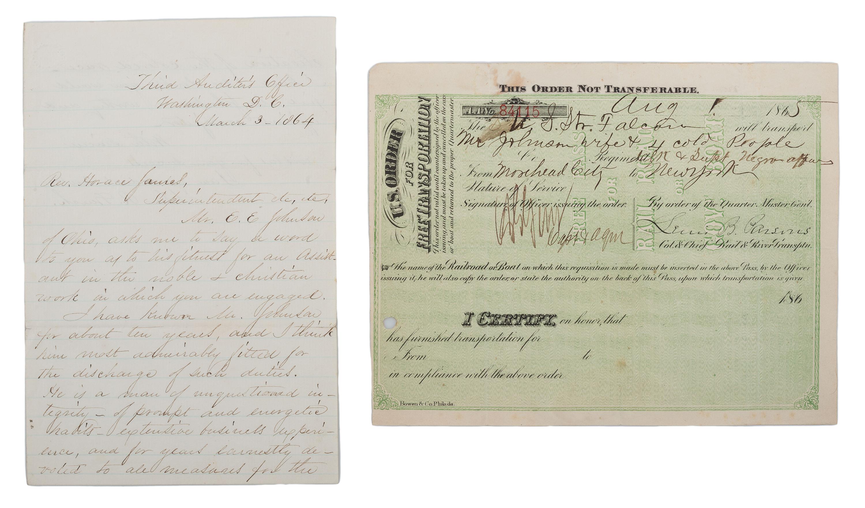 [CIVIL WAR]. A collection of documents related to Mr. Edward E. Johnson (ca 1824- ca 1901), assistant to the Reverend Horace James, Superintendent of Negro Affairs in North Carolina.