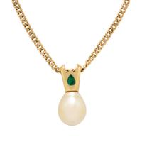 YELLOW GOLD, CULTURED PEARL, AND EMERALD NECKLACE