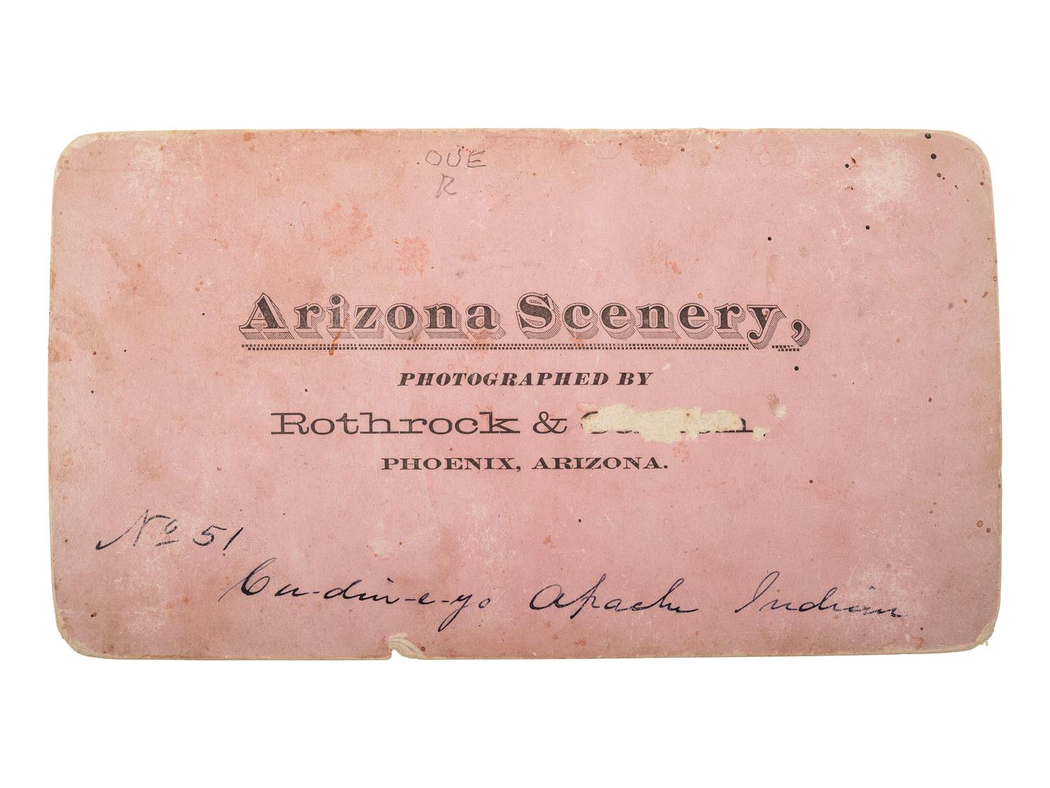 [NATIVE AMERICANS]. ROTHROCK & CATTON, photographers. Cu-din-e-yo, Apache Indian . Phoenix, Arizona Territory: ca early 1880s.