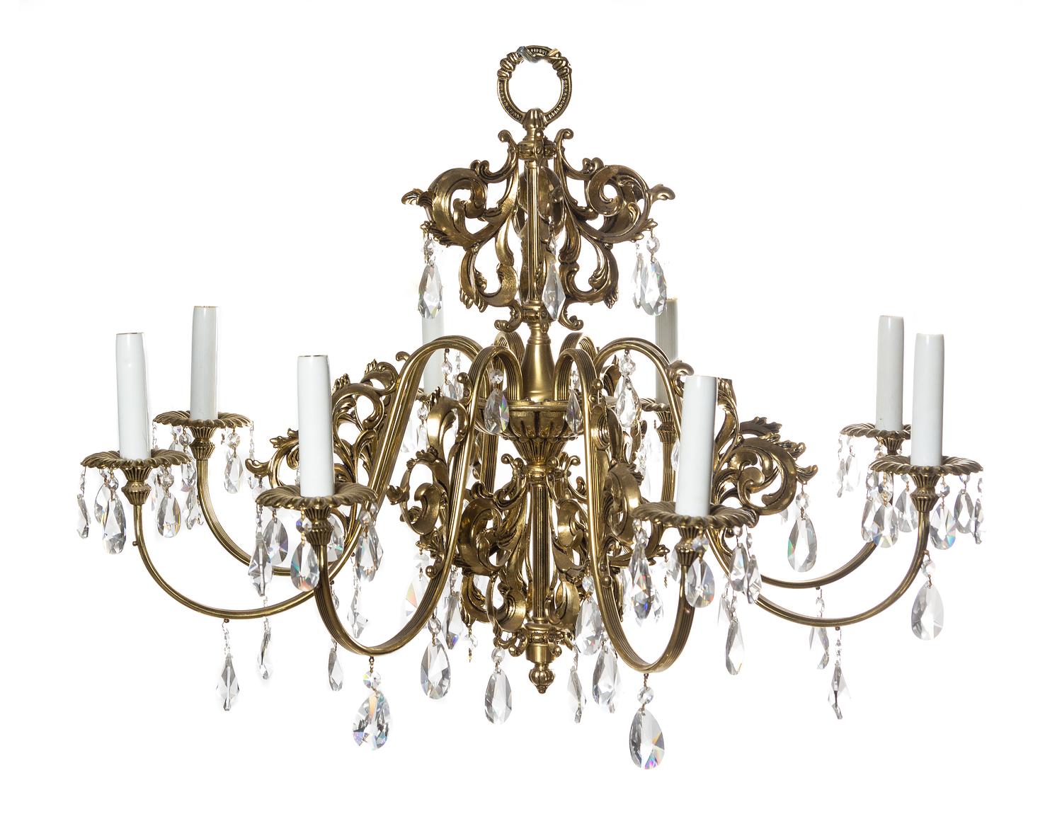 A Louis XV Style Brass Eight-Light Chandelier, Height 22 x diameter 30 inches.