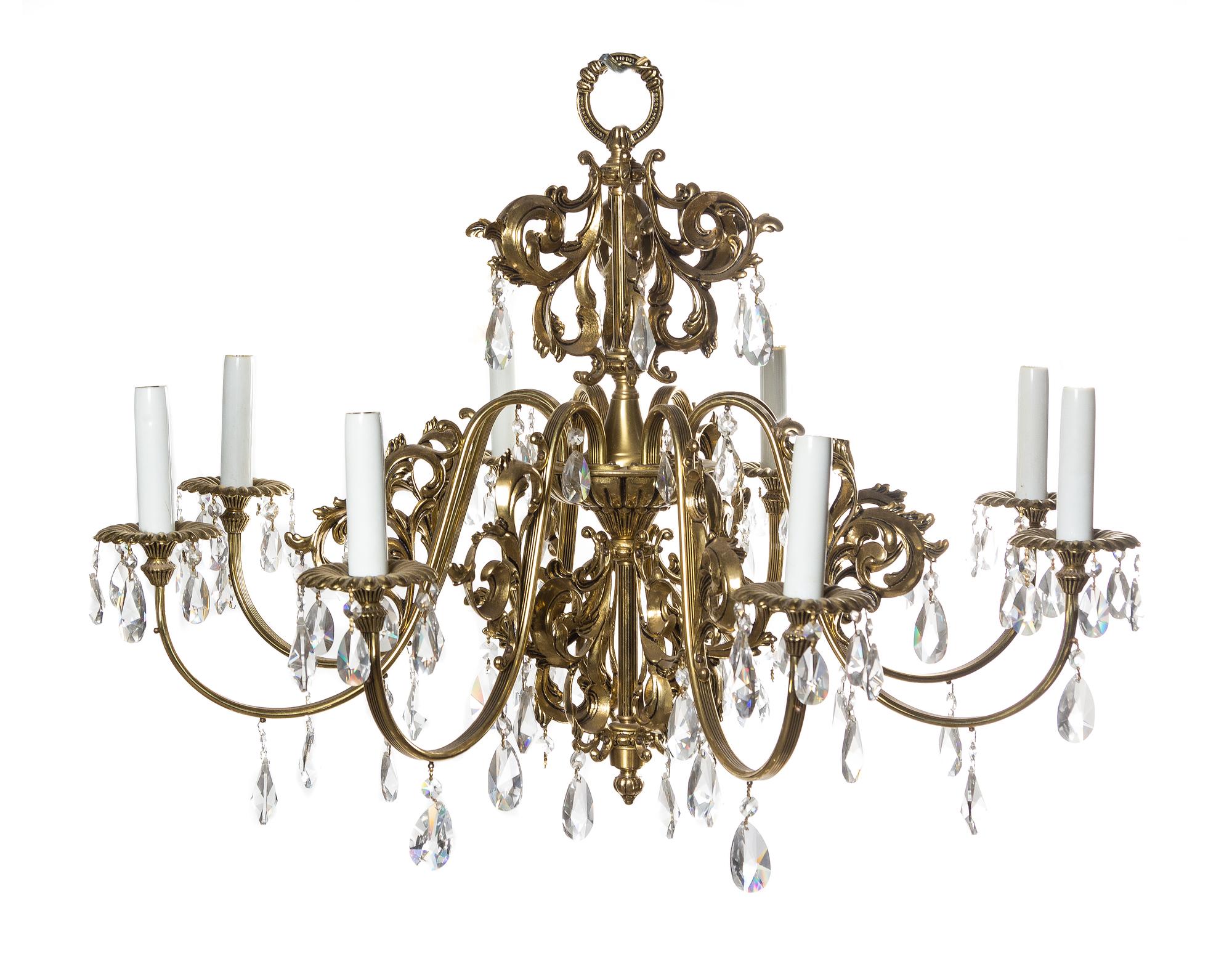A Louis XV Style Brass Eight-Light Chandelier, Height 22 x diameter 30 inches.