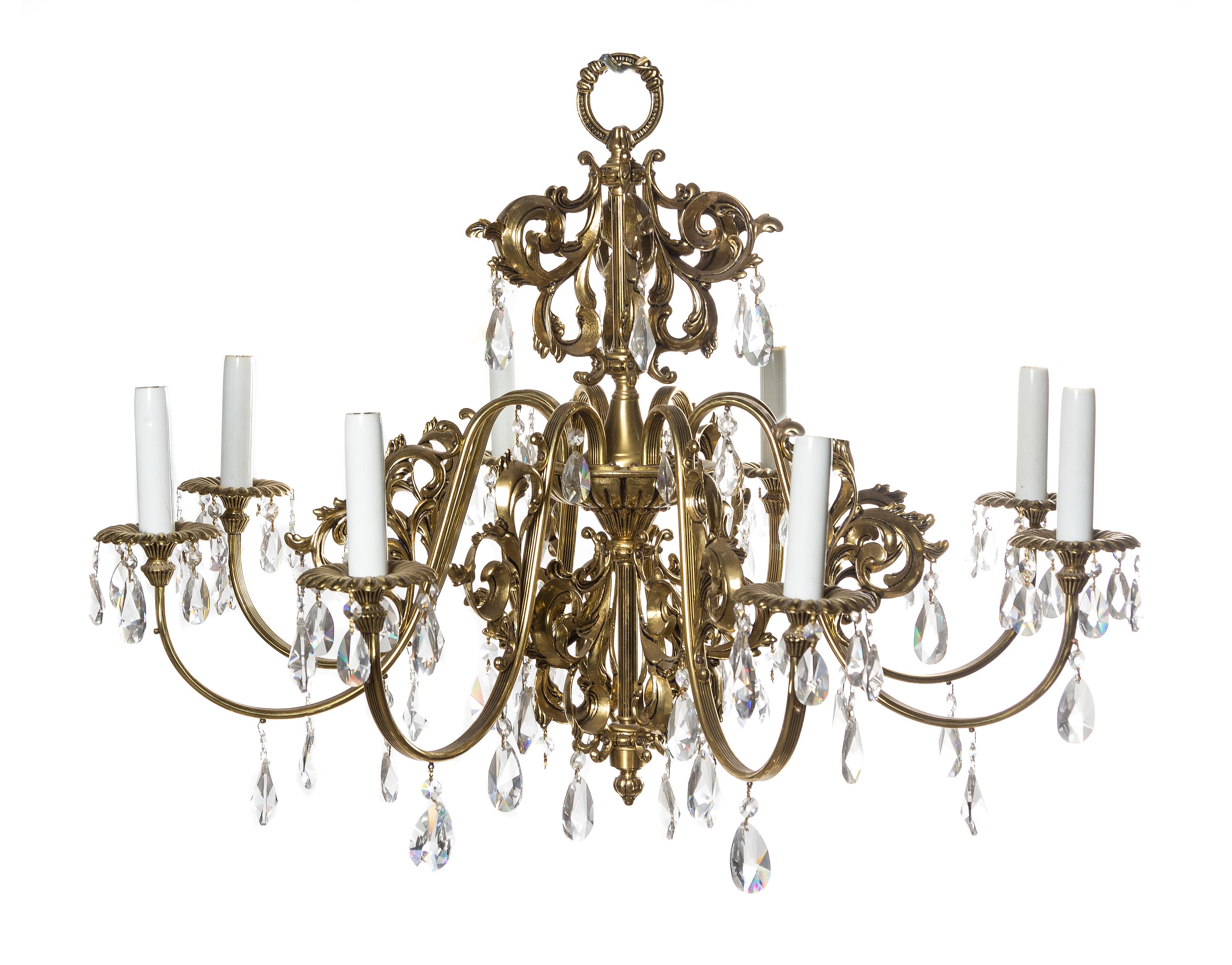 A Louis XV Style Brass Eight-Light Chandelier, Height 22 x diameter 30 inches.