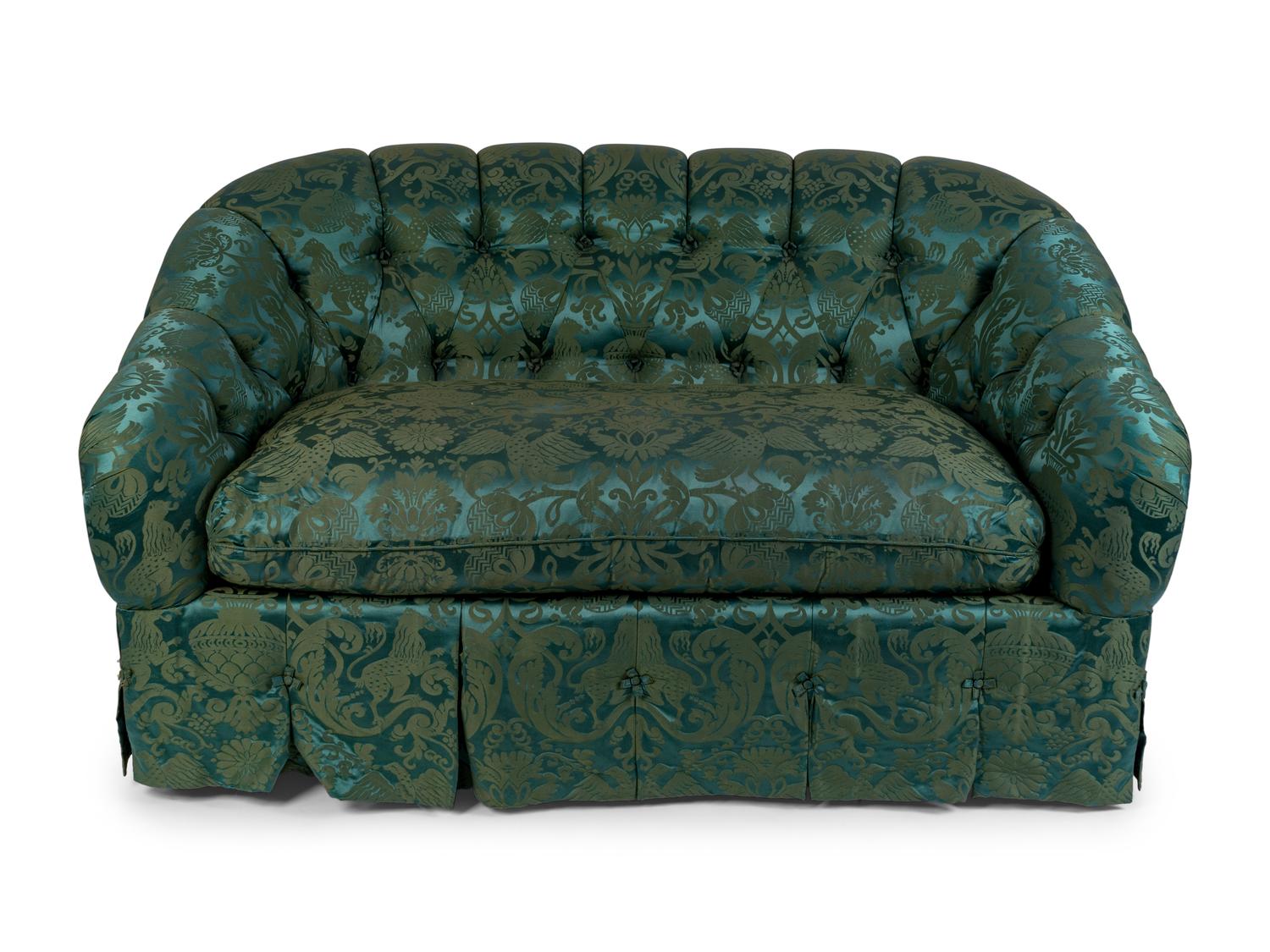 A Green Damask Button Tufted Love Seat — 20TH CENTURY