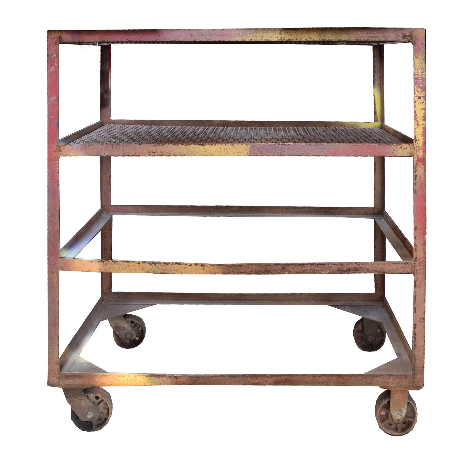 A Mid Century Iron Industrial Cart 43.5" W x 28.75" D x 49.5" H — United States, Mid-20th Century