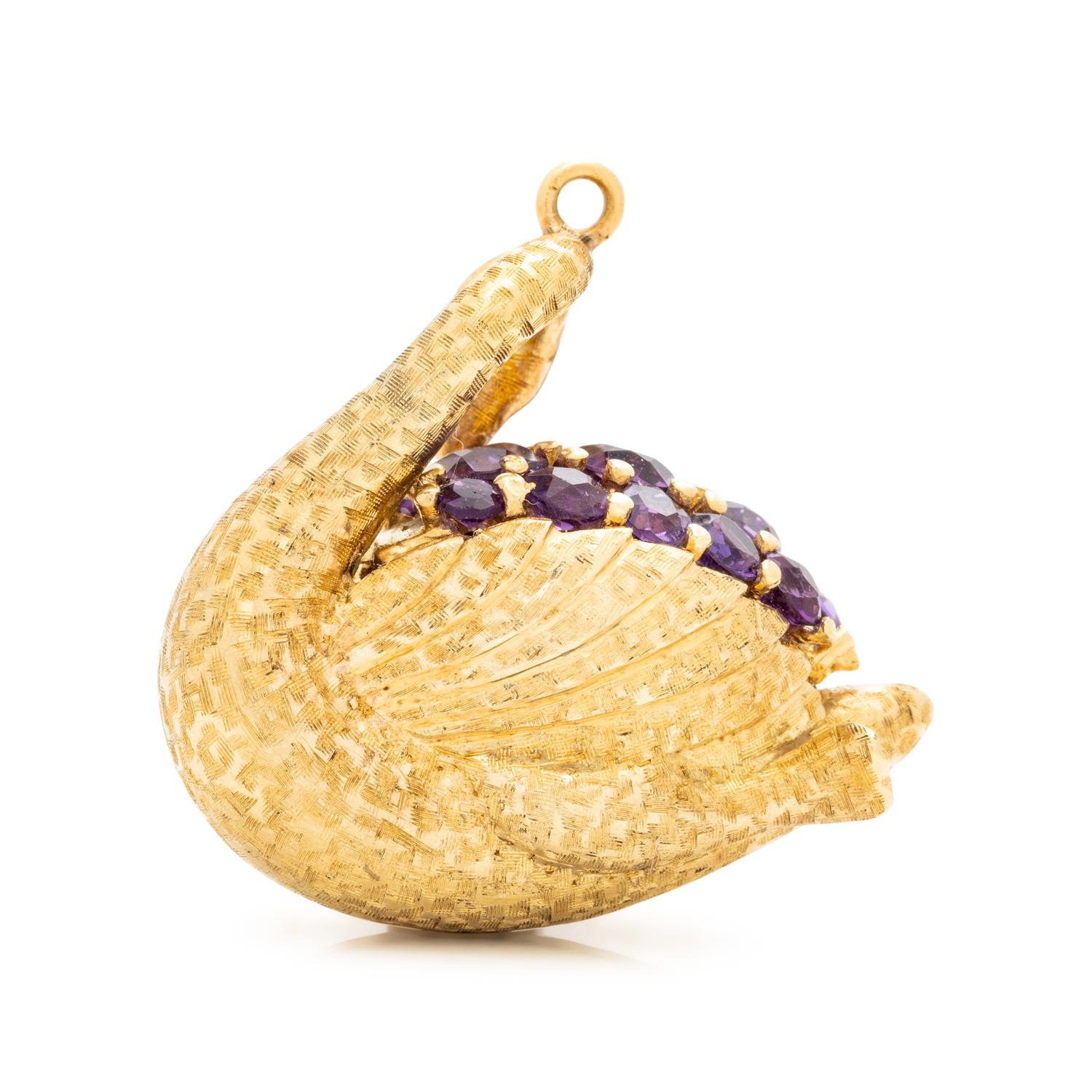 YELLOW GOLD, AMETHYST AND RUBY SWAN CHARM