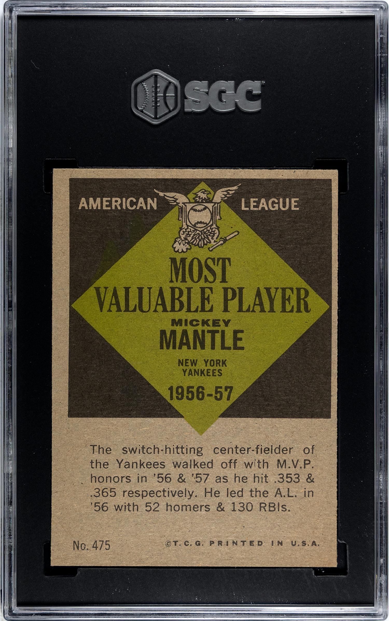 A 1961 Topps Mickey Mantle MVP Baseball Card No. 475 (SGC 7 NRMT)