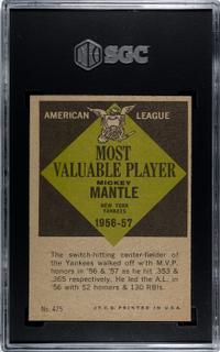 A 1961 Topps Mickey Mantle MVP Baseball Card No. 475 (SGC 7 NRMT)