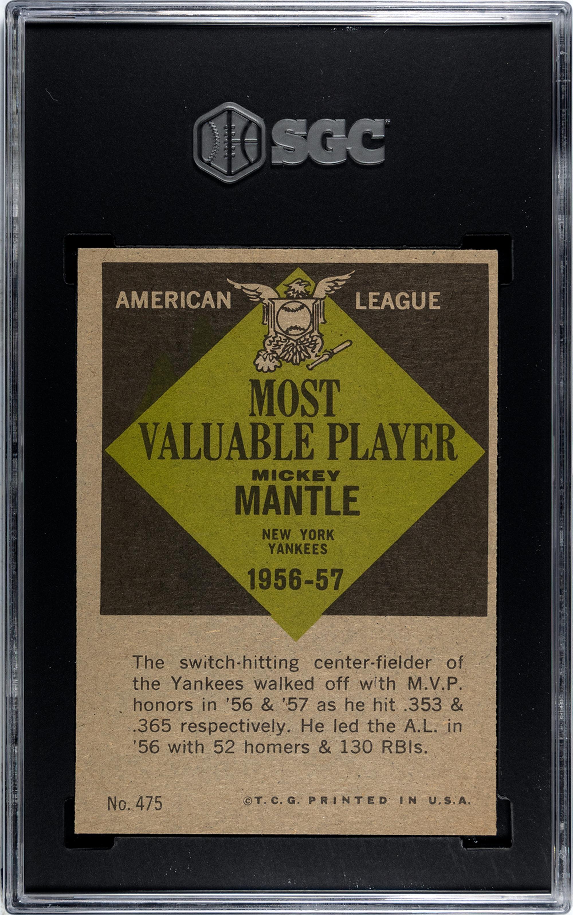 A 1961 Topps Mickey Mantle MVP Baseball Card No. 475 (SGC 7 NRMT)