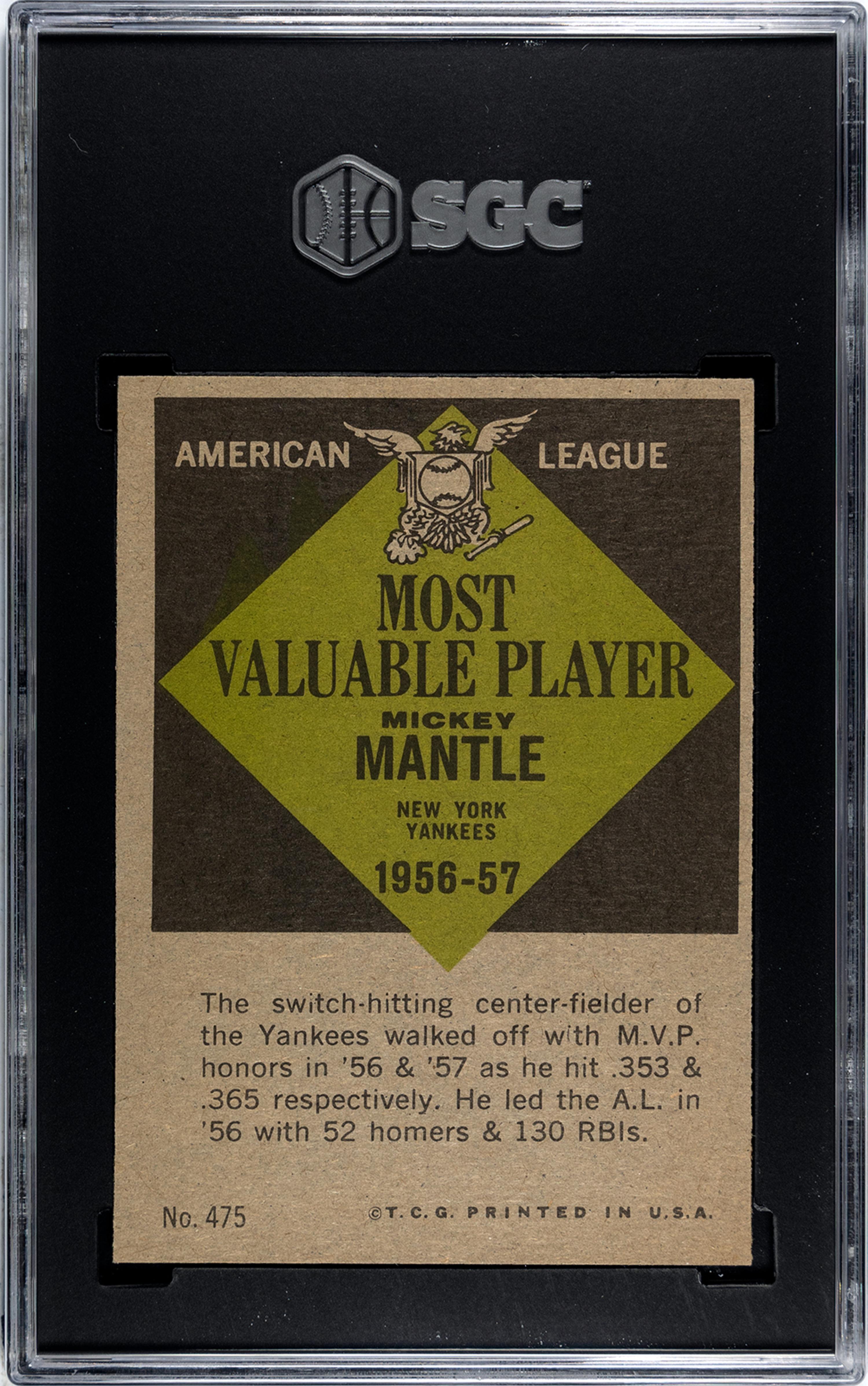 A 1961 Topps Mickey Mantle MVP Baseball Card No. 475 (SGC 7 NRMT)