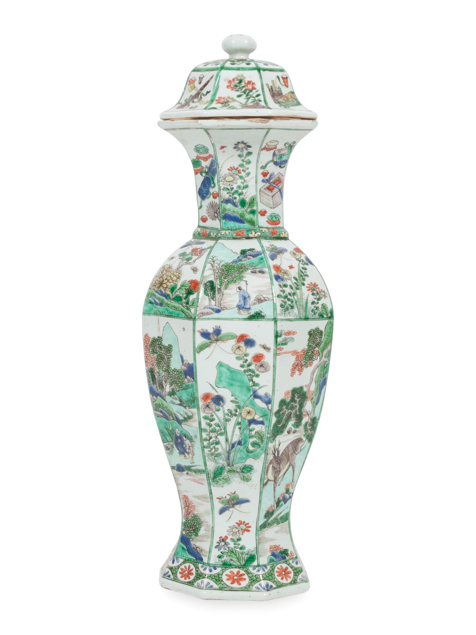 A Chinese Famille Verte Hexagonal Porcelain Covered Vase