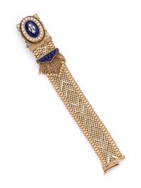 CONVERTIBLE 14K YELLOW GOLD, ENAMEL, DIAMOND AND PEARL SURPRISE WRISTWATCH/BRACELET