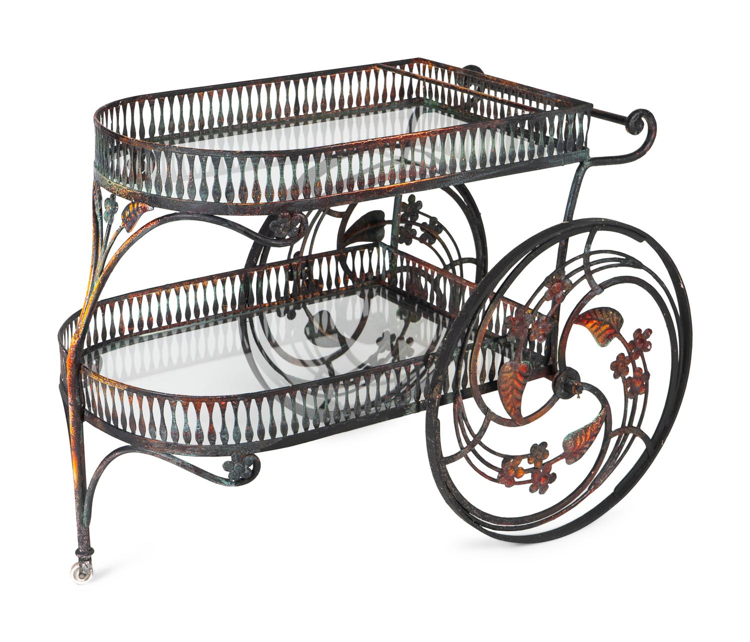 A Salterini Wrought Iron and Glass Palm Springs Pattern Bar Cart — 20TH CENTURY