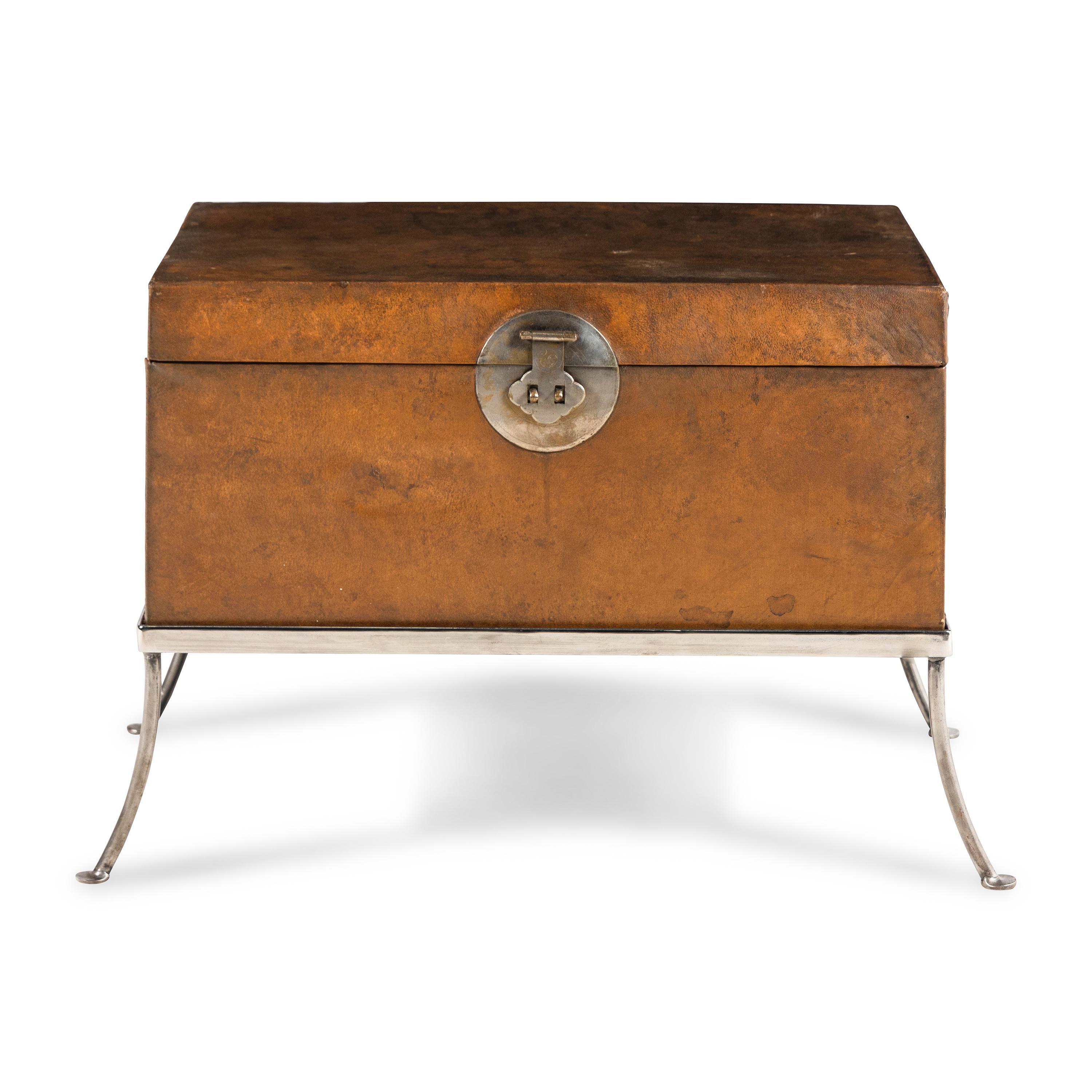 A Chinese Leather-Clad Trunk on Stand