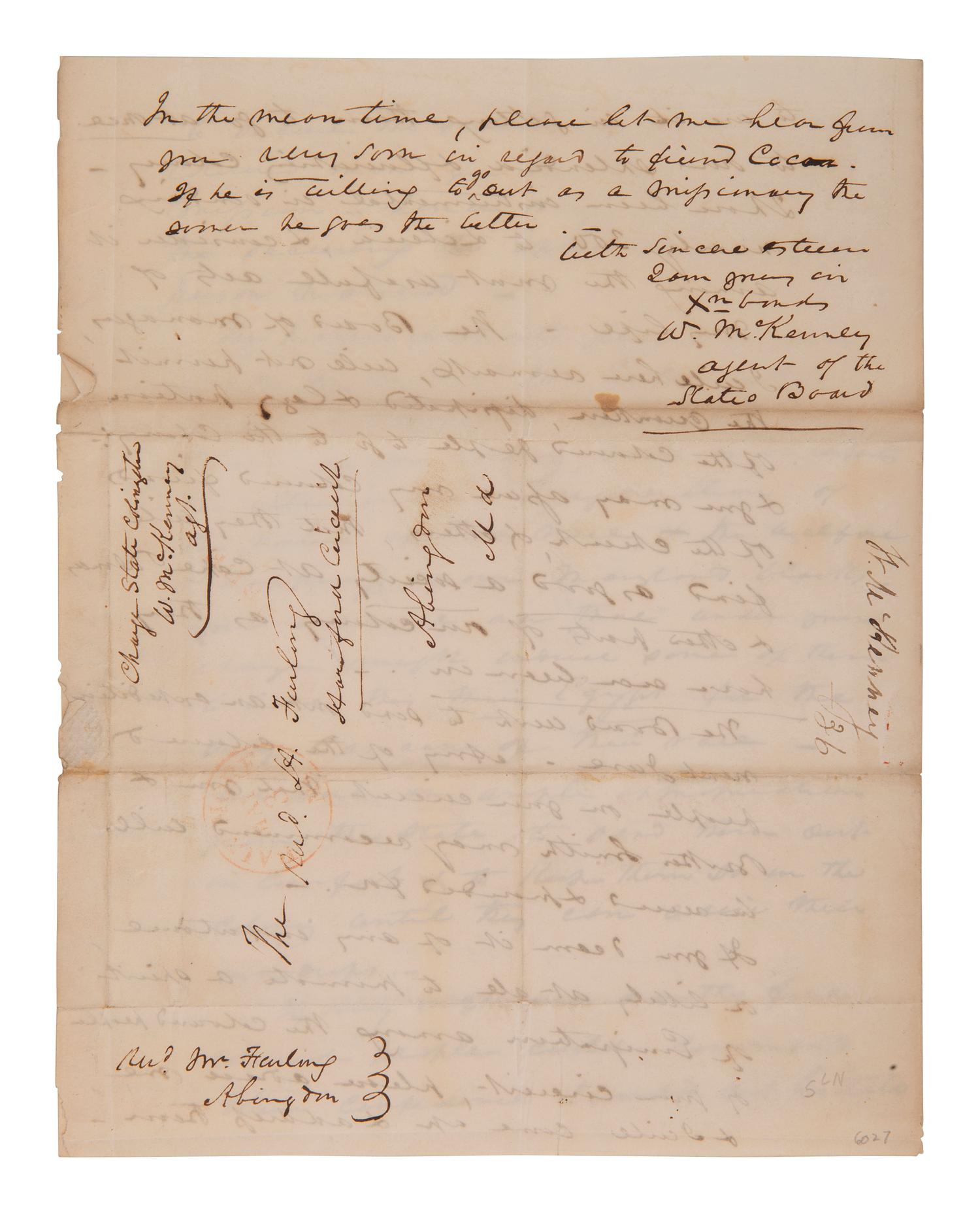 [LIBERIA]. Letter from an American Colonization Society agent regarding a freeman named Cocoa. 1836.