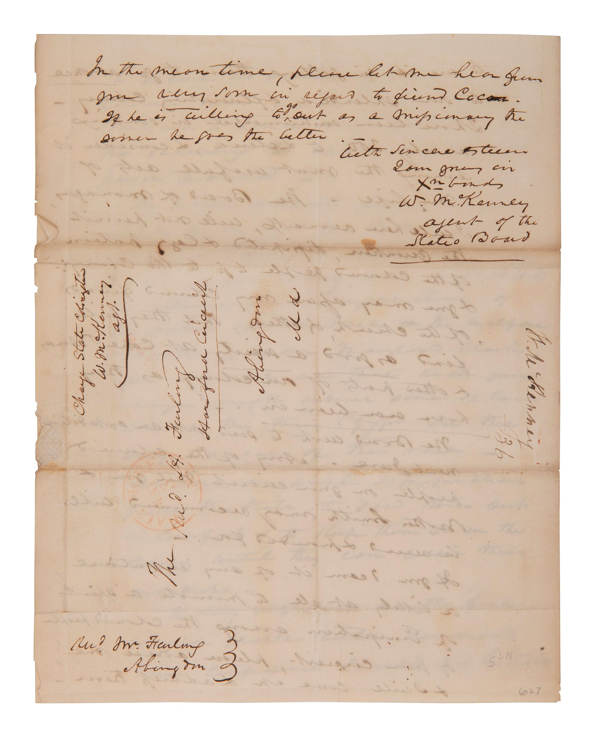 [LIBERIA]. Letter from an American Colonization Society agent regarding a freeman named Cocoa. 1836.