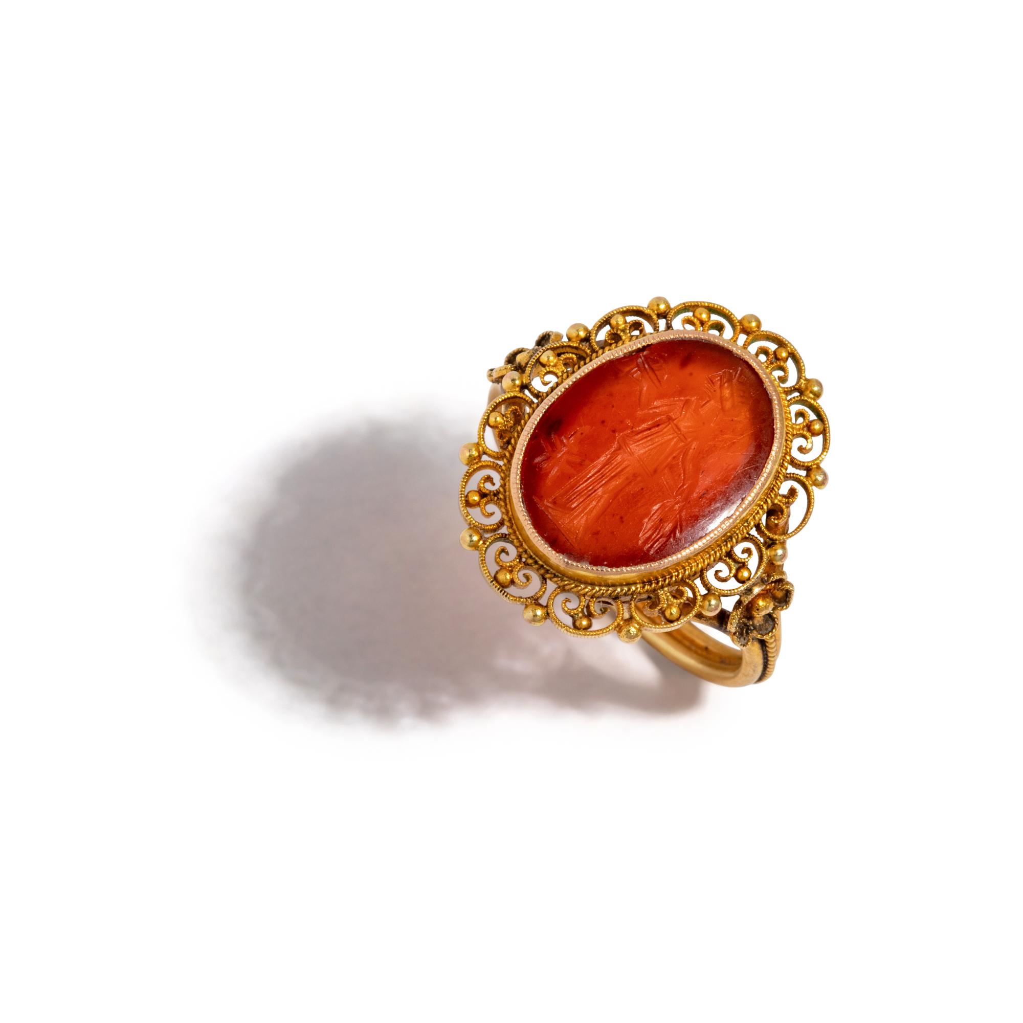 A Roman Carnelian Ring Stone with the Goddess Ceres — Set in a Victorian gold ring