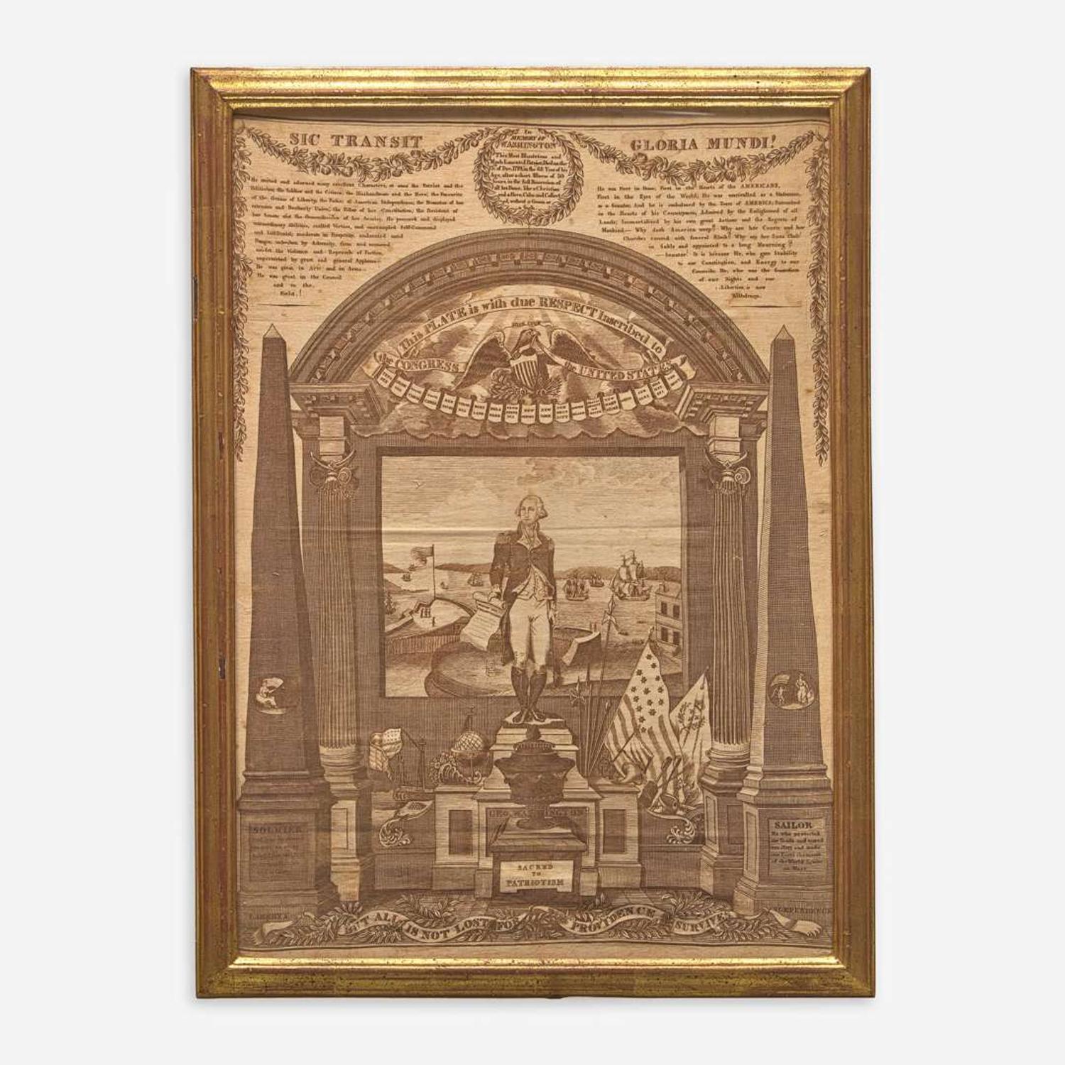 Two works: George Washington at the Altar of Liberty copperplate printed handkerchief and "The Effect of Principle" copperplate printed handkerchief The first, printed by Charles Gray or Colin Gillespie (Scottish), circa 1819, the second, Germantown Printing Co., PA, circa 1806