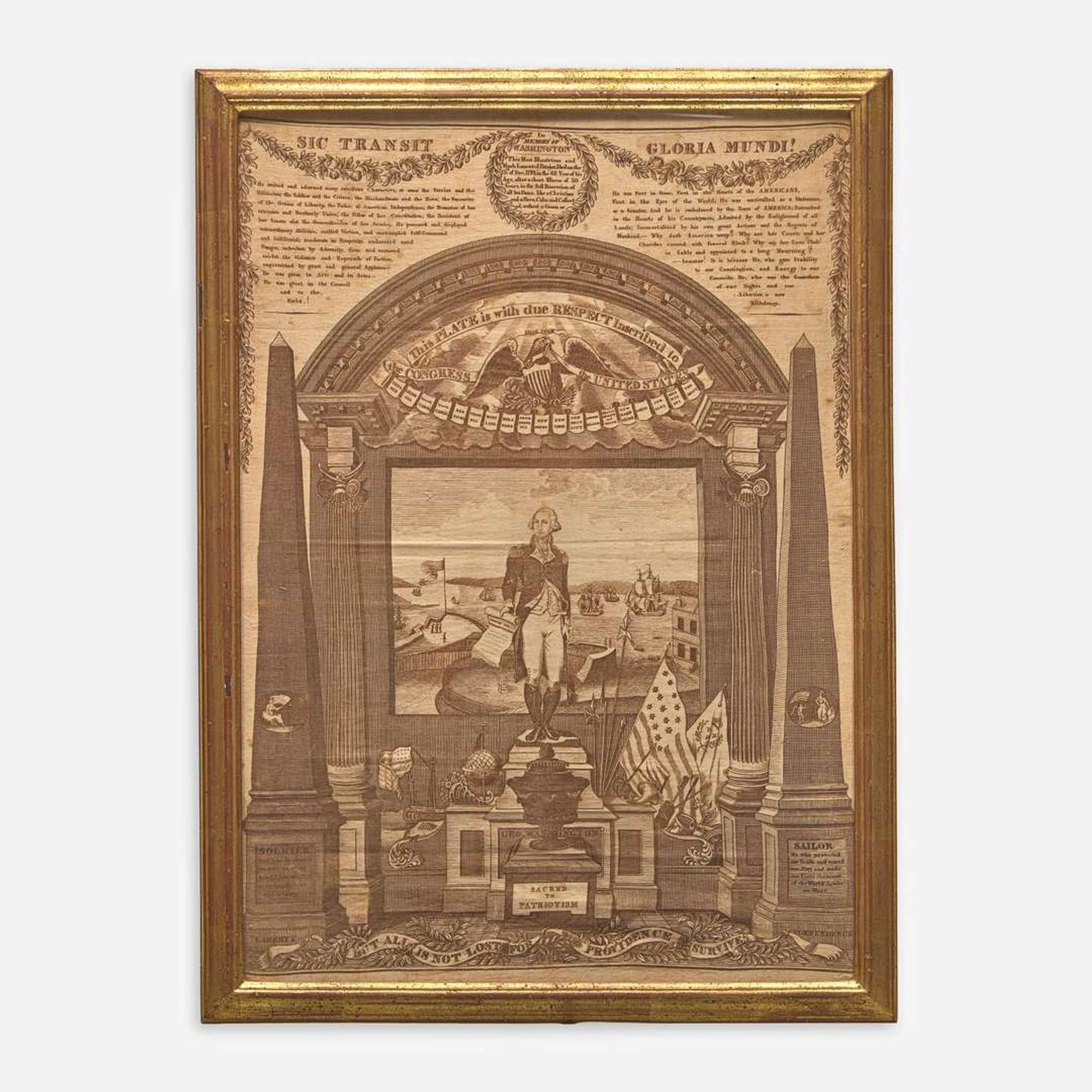 Two works: George Washington at the Altar of Liberty copperplate printed handkerchief and "The Effect of Principle" copperplate printed handkerchief The first, printed by Charles Gray or Colin Gillespie (Scottish), circa 1819, the second, Germantown Printing Co., PA, circa 1806