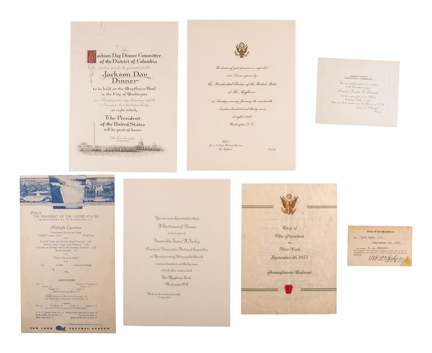 [ROOSEVELT, Franklin Delano (1882-1945) -- ROOSEVELT, Eleanor (1884-1962)]. A group of invitations, menus, and travel passes, comprising: