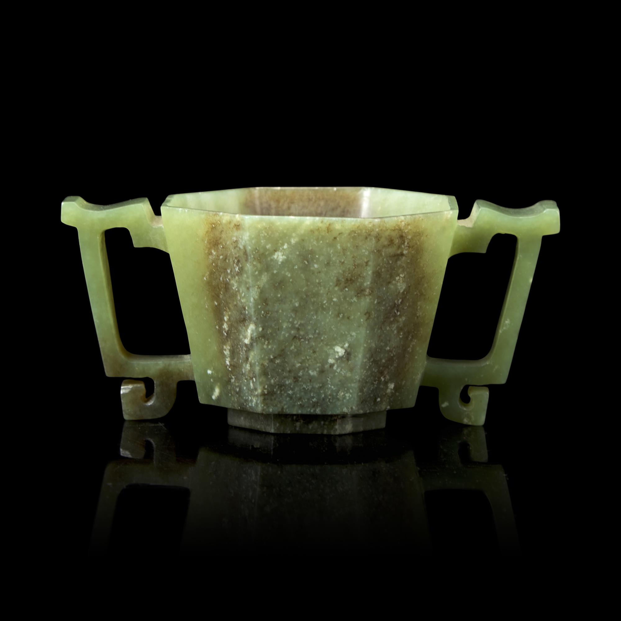 A Chinese Celadon Jade Octagonal Cup 青玉八方杯