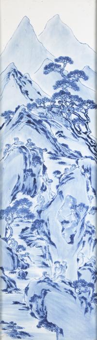 A Set of Four Chinese Blue and White Porcelain Wall Plaques 青花山水圖四條屏