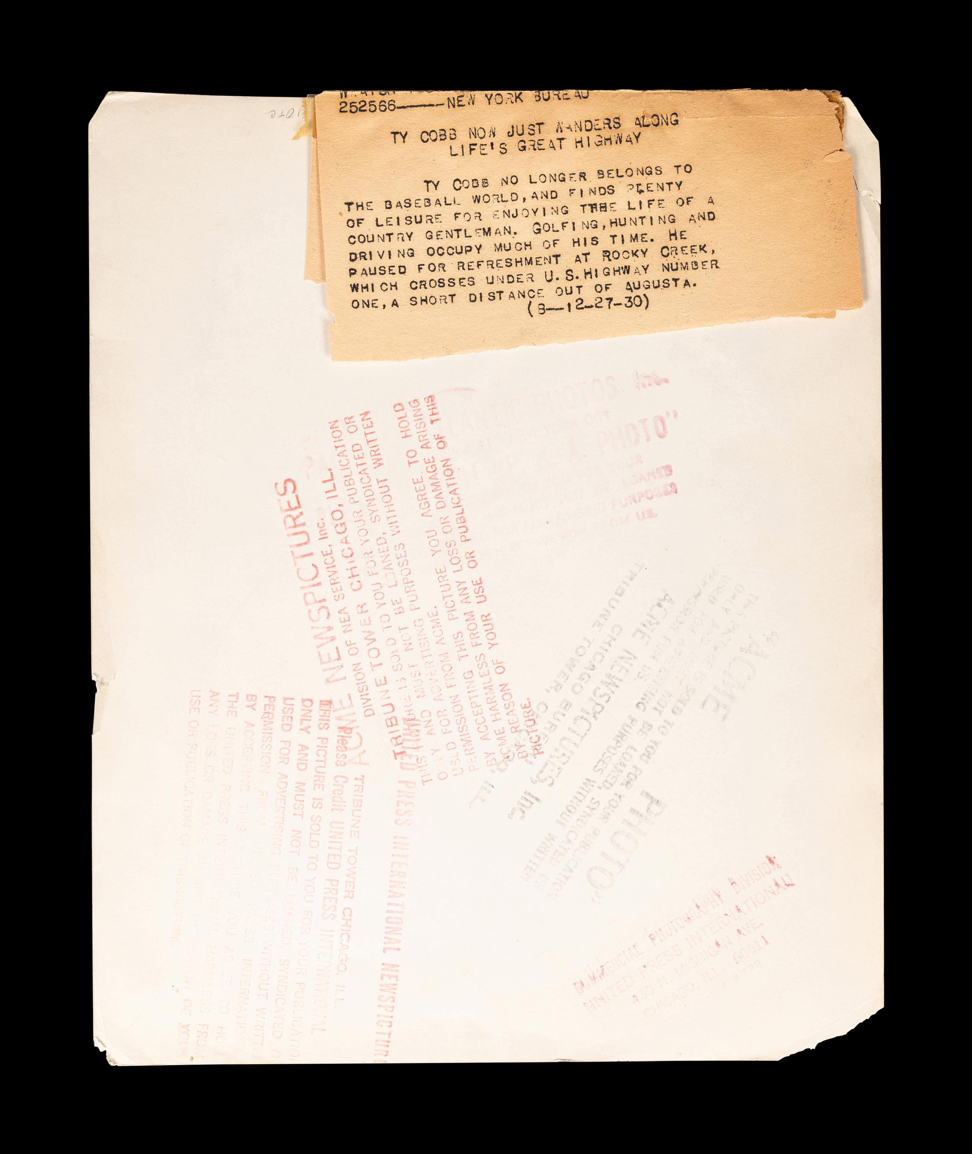 A 1930 Ty Cobb Vintage Original News Photograph,