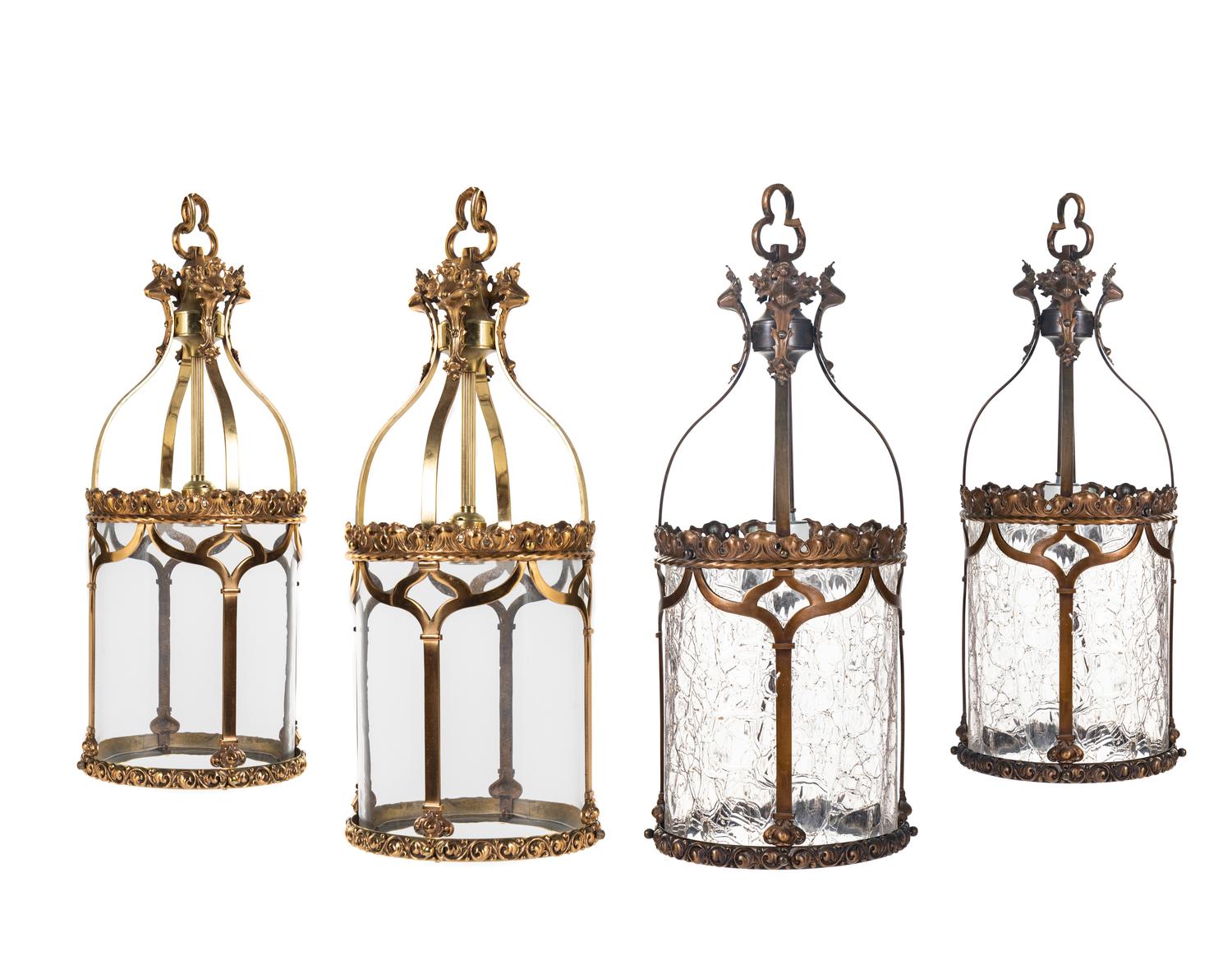 A Set of Four Gothic Style Brass Hall Lanterns
