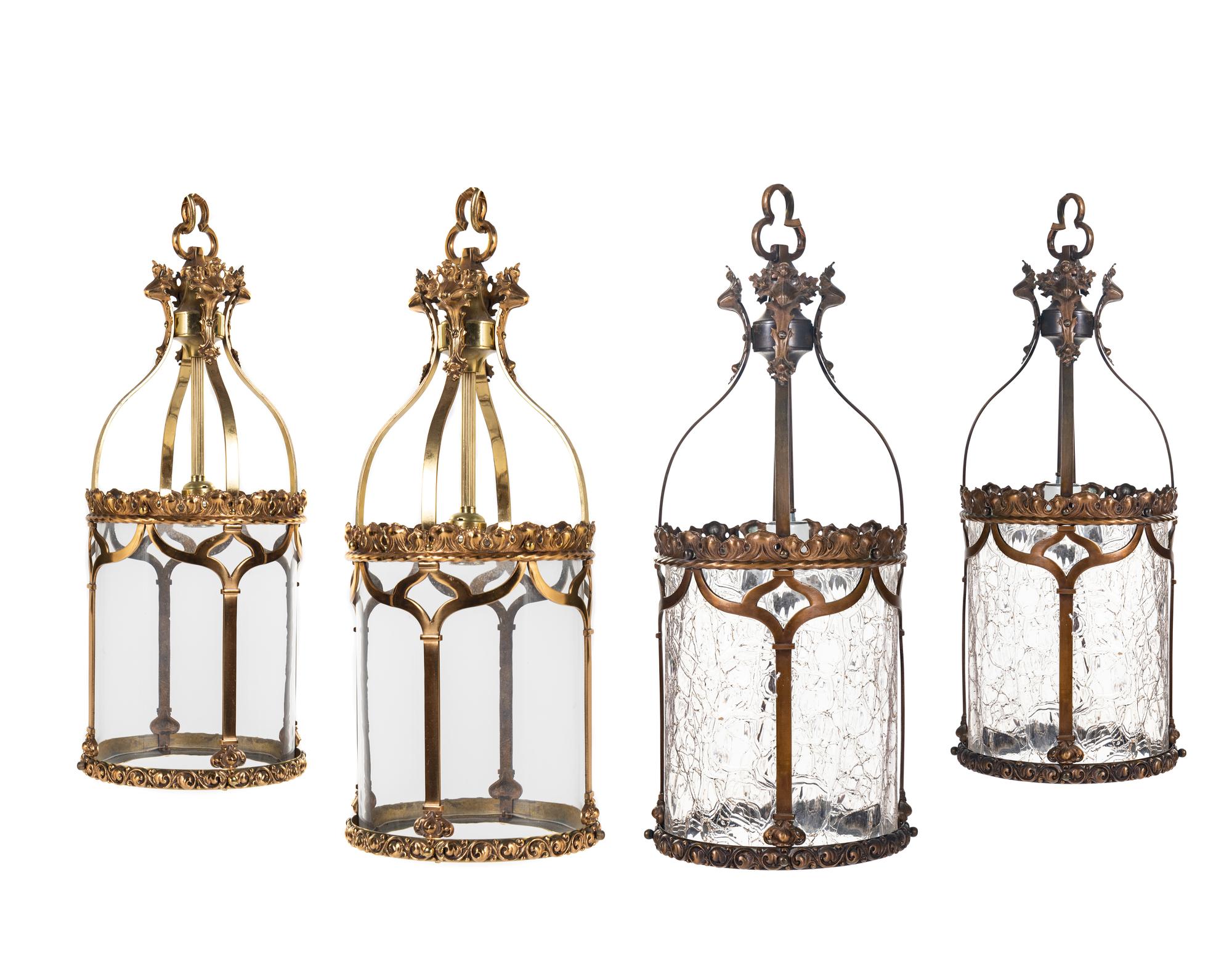 A Set of Four Gothic Style Brass Hall Lanterns