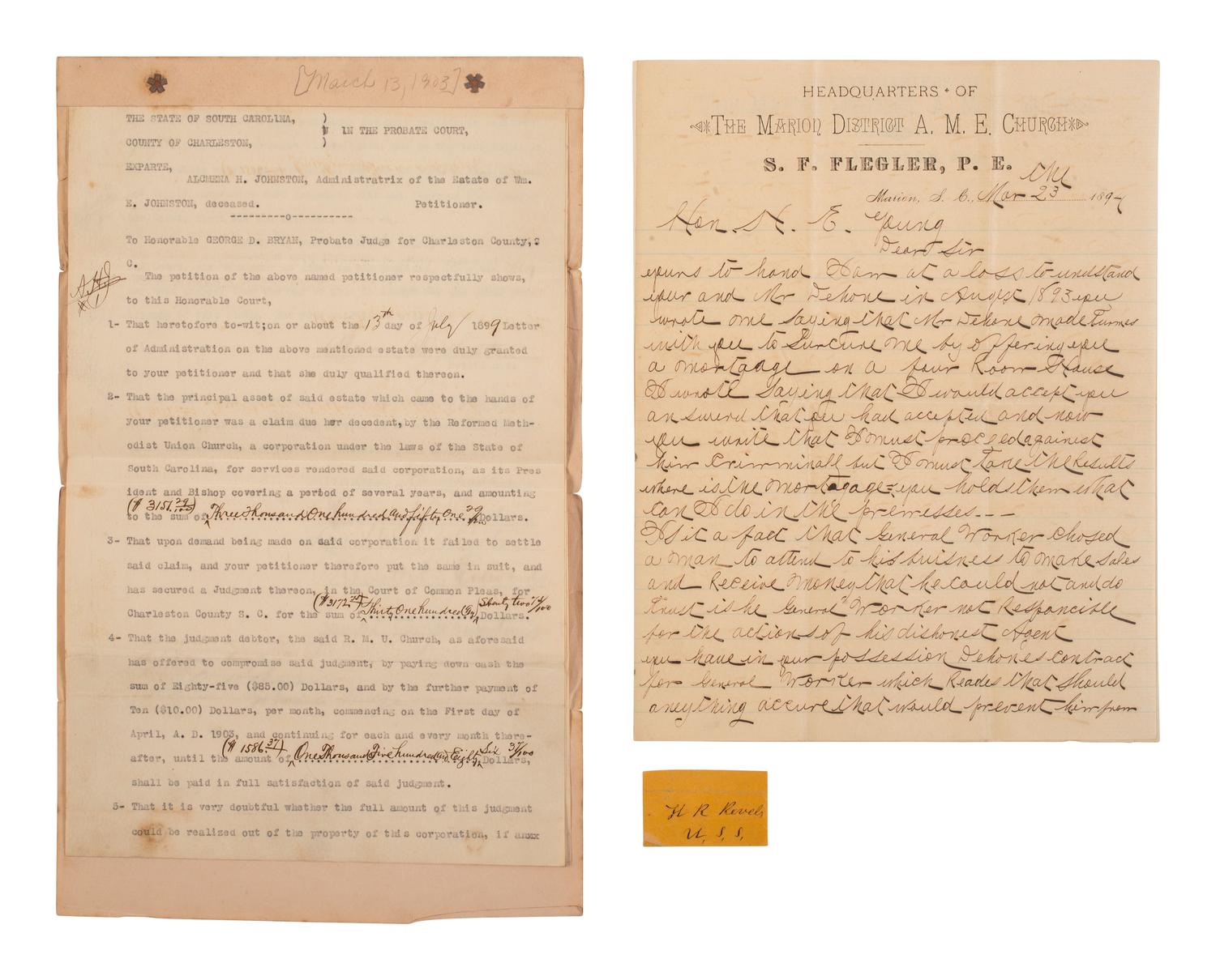 [RECONSTRUCTION]. Manuscript legal document outlining the use of campaign funds by African American politician, abolitionist, and minister, Richard H. CAIN (1825-1887) for an 1870 Charleston, South Carolina, election.