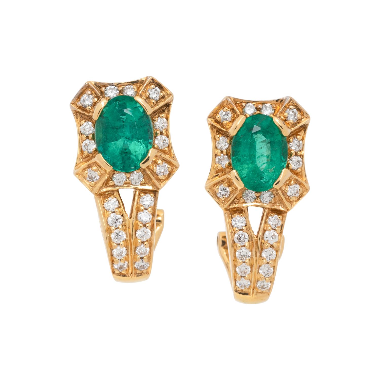 YELLOW GOLD, EMERALD AND DIAMOND EARCLIPS