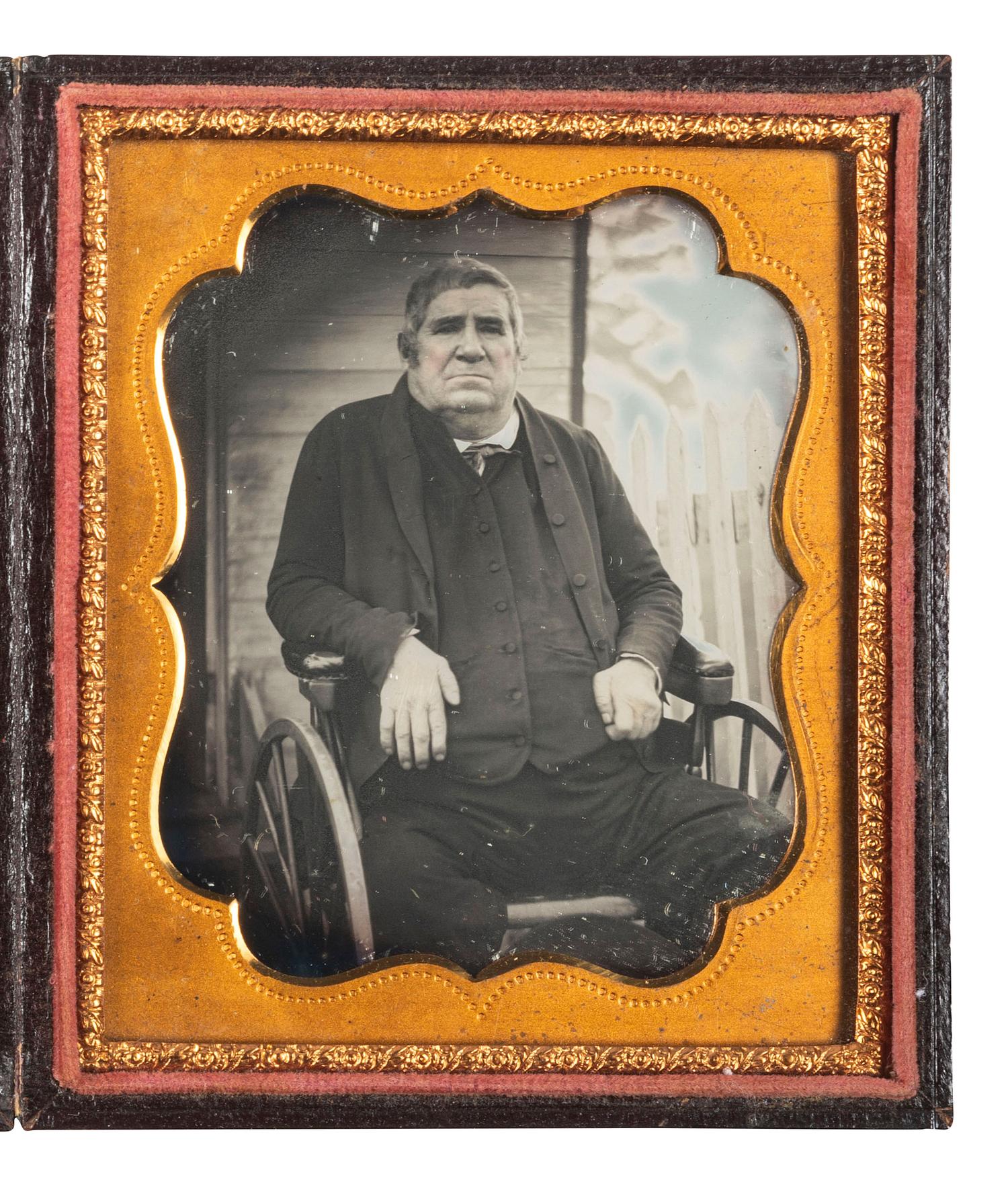 [EARLY PHOTOGRAPHY]. Sixth plate daguerreotype featuring a man in a wheelchair by Charles Yarnall. [Philadelphia], 1856.
