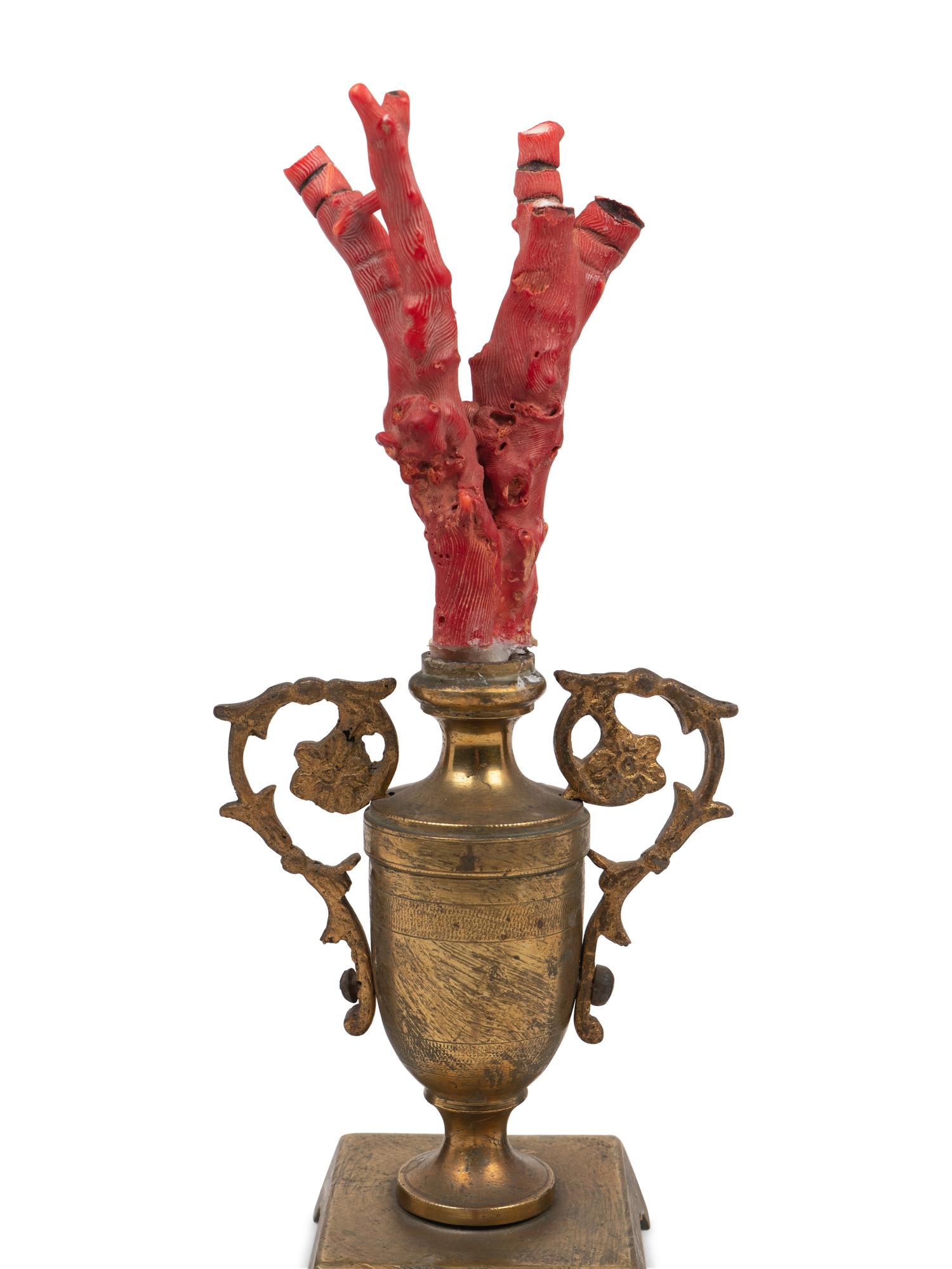 A Coral Specimen Mounted Three-Piece Gilt Metal Garniture