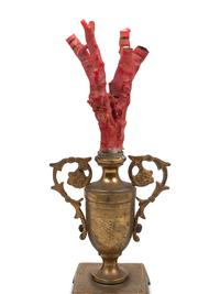 A Coral Specimen Mounted Three-Piece Gilt Metal Garniture
