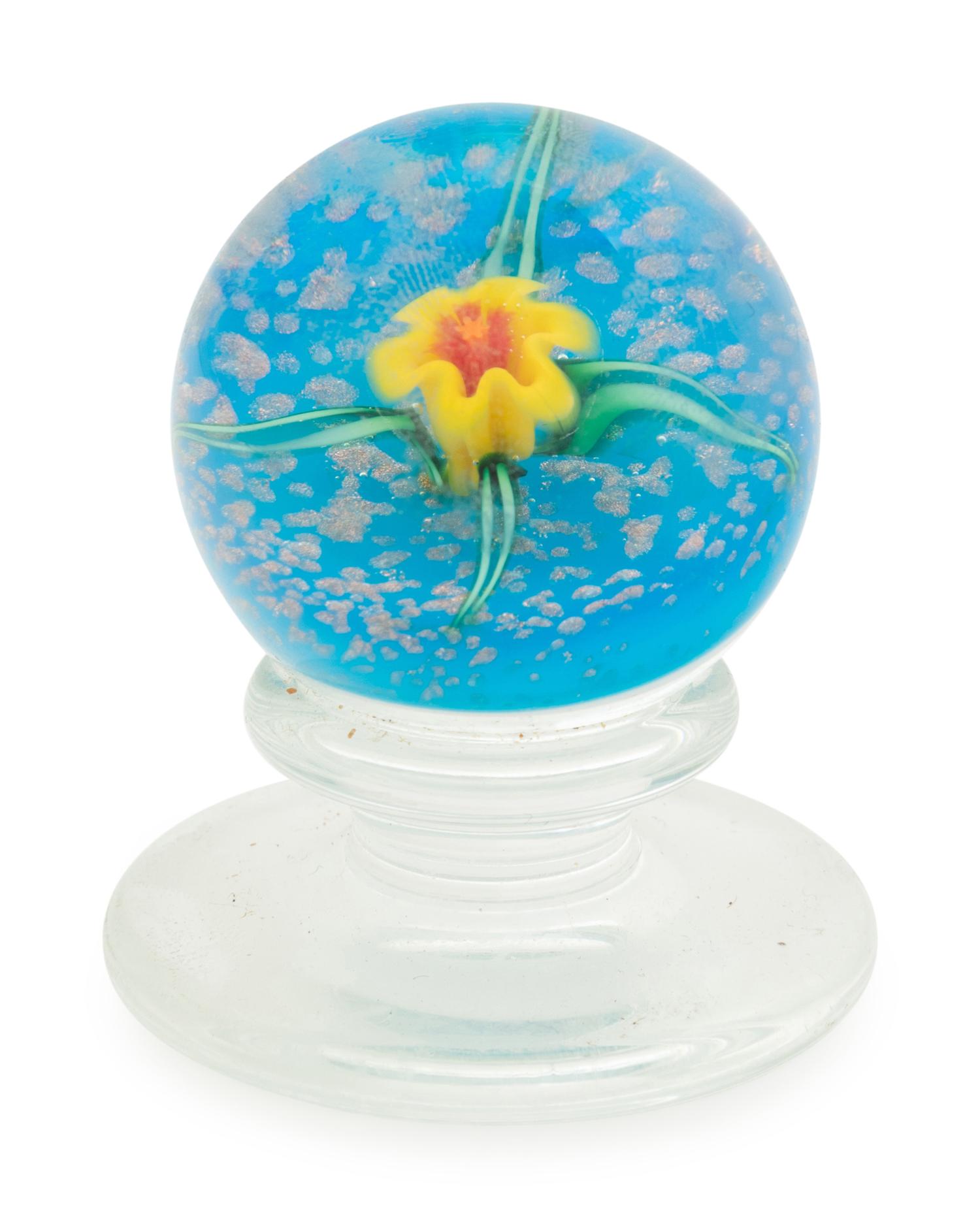 A Charles Kaziun Jr. Y ellow Spider Lily on Blue Aventurine Ground Miniature Tilted Pedestal Glass Paperweight