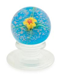 A Charles Kaziun Jr. Y ellow Spider Lily on Blue Aventurine Ground Miniature Tilted Pedestal Glass Paperweight