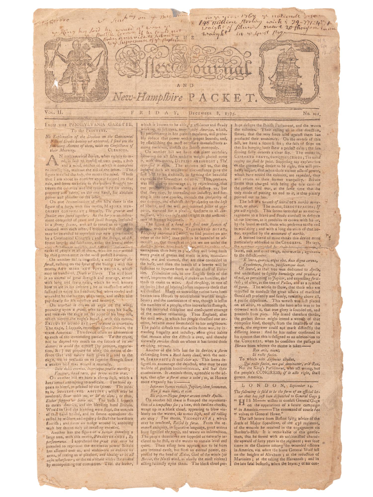 [American Revolution] T he Essex Journal and New Hampshire Packet, December 5, 1775