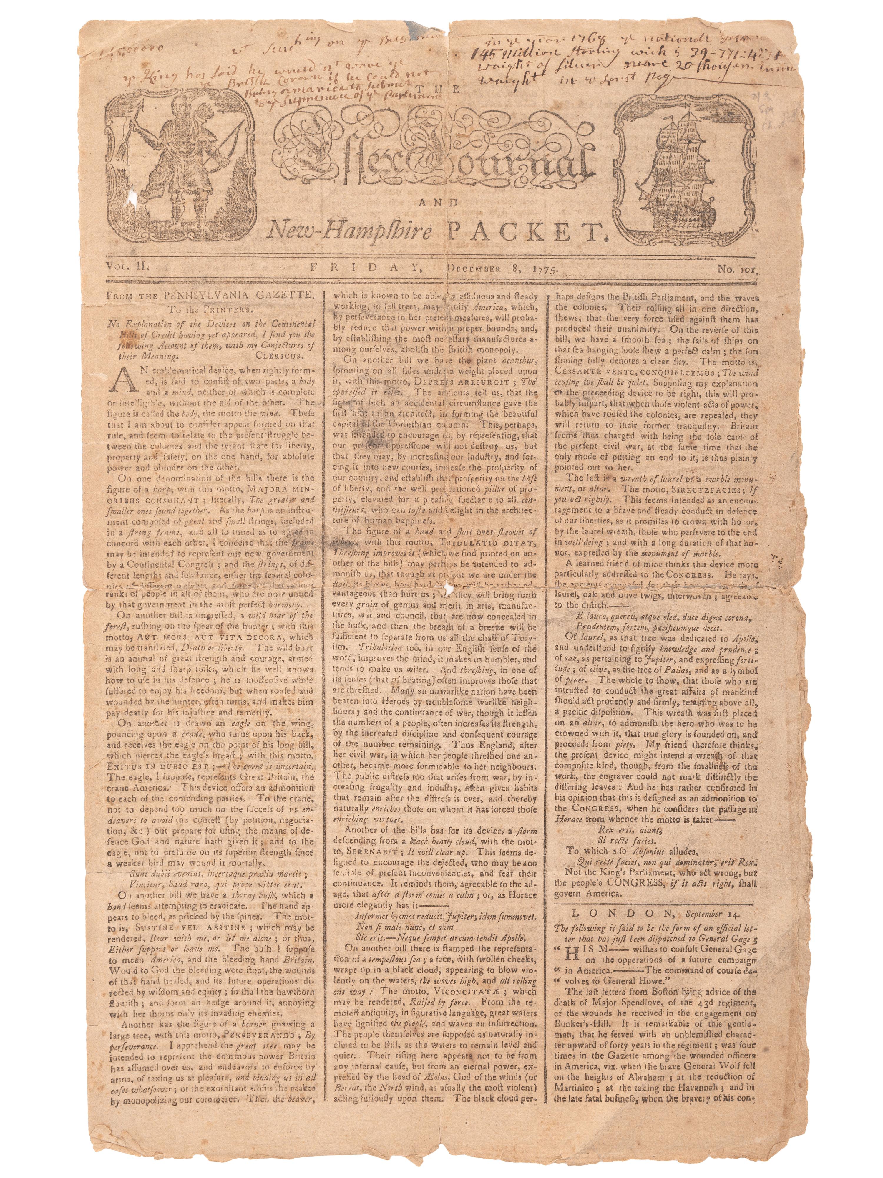 [American Revolution] T he Essex Journal and New Hampshire Packet, December 5, 1775