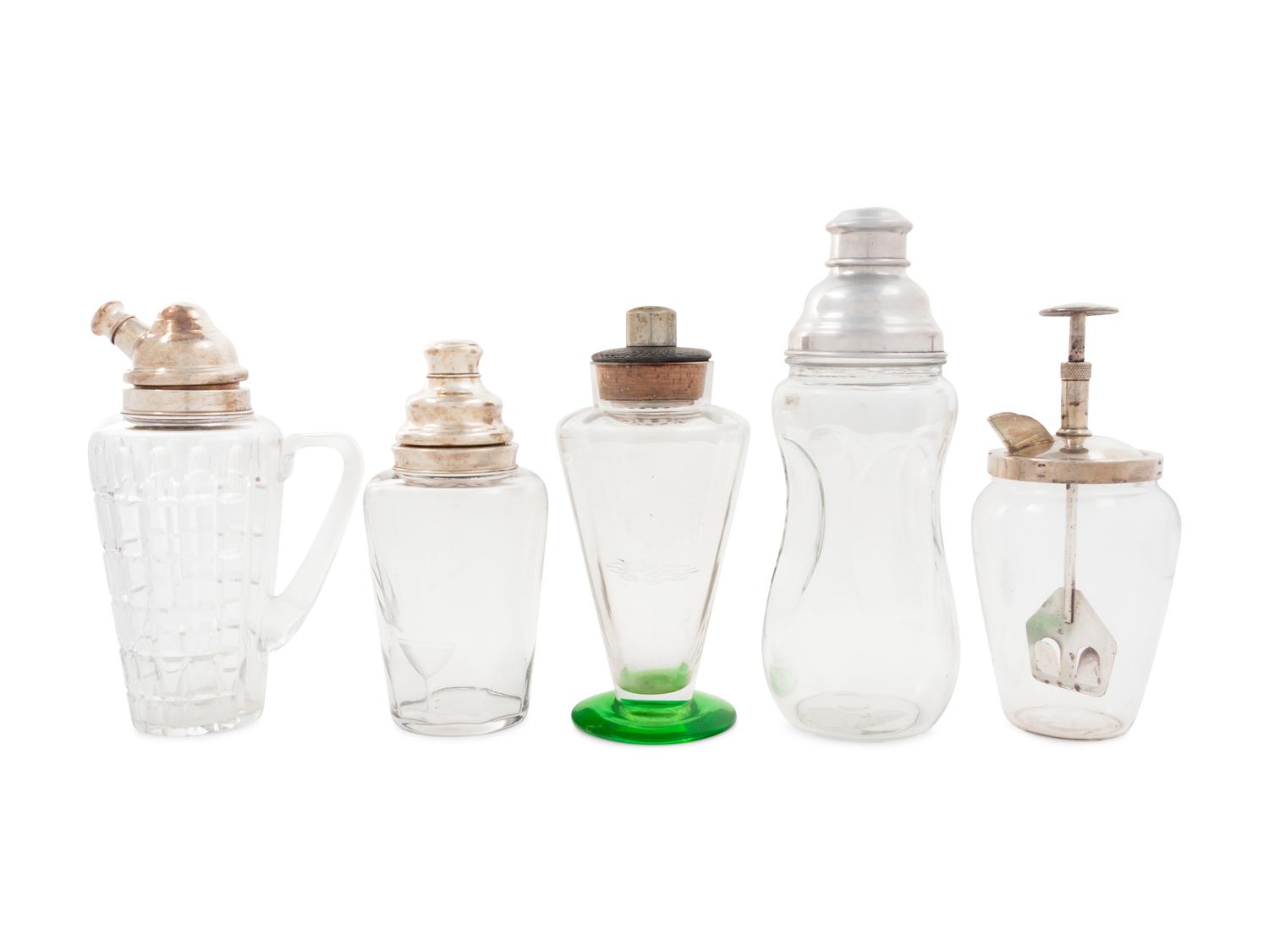 A Group of Five Glass Cocktail Shakers